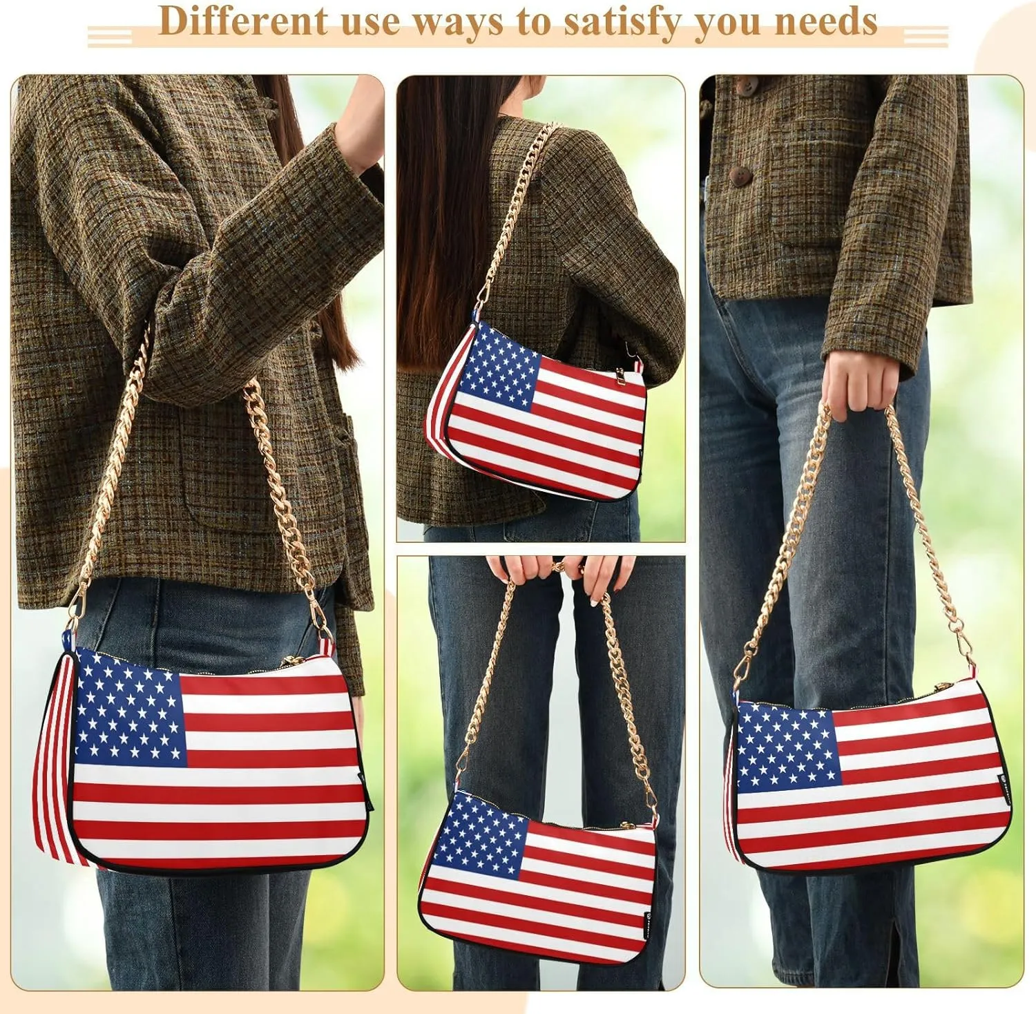Shoulder Bags for Women American US Flag Independence Day Patriotic Hobo Tote Handbag Small Clutch Purse with Zipper Closure