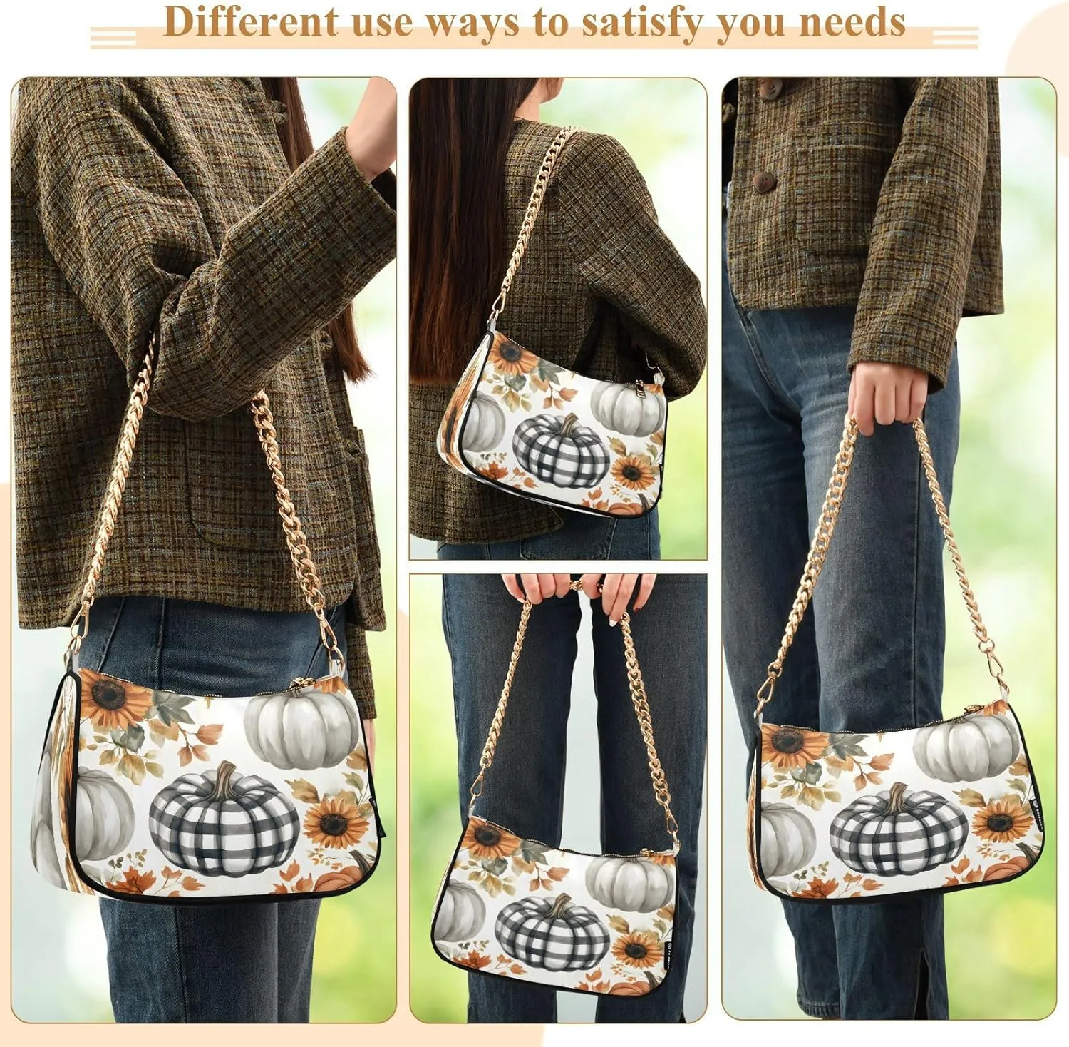 Shoulder Bags for Women Autumn Pumpkins and Fall Leaves Hobo Tote Handbag Small Clutch Purse with Zipper Closure
