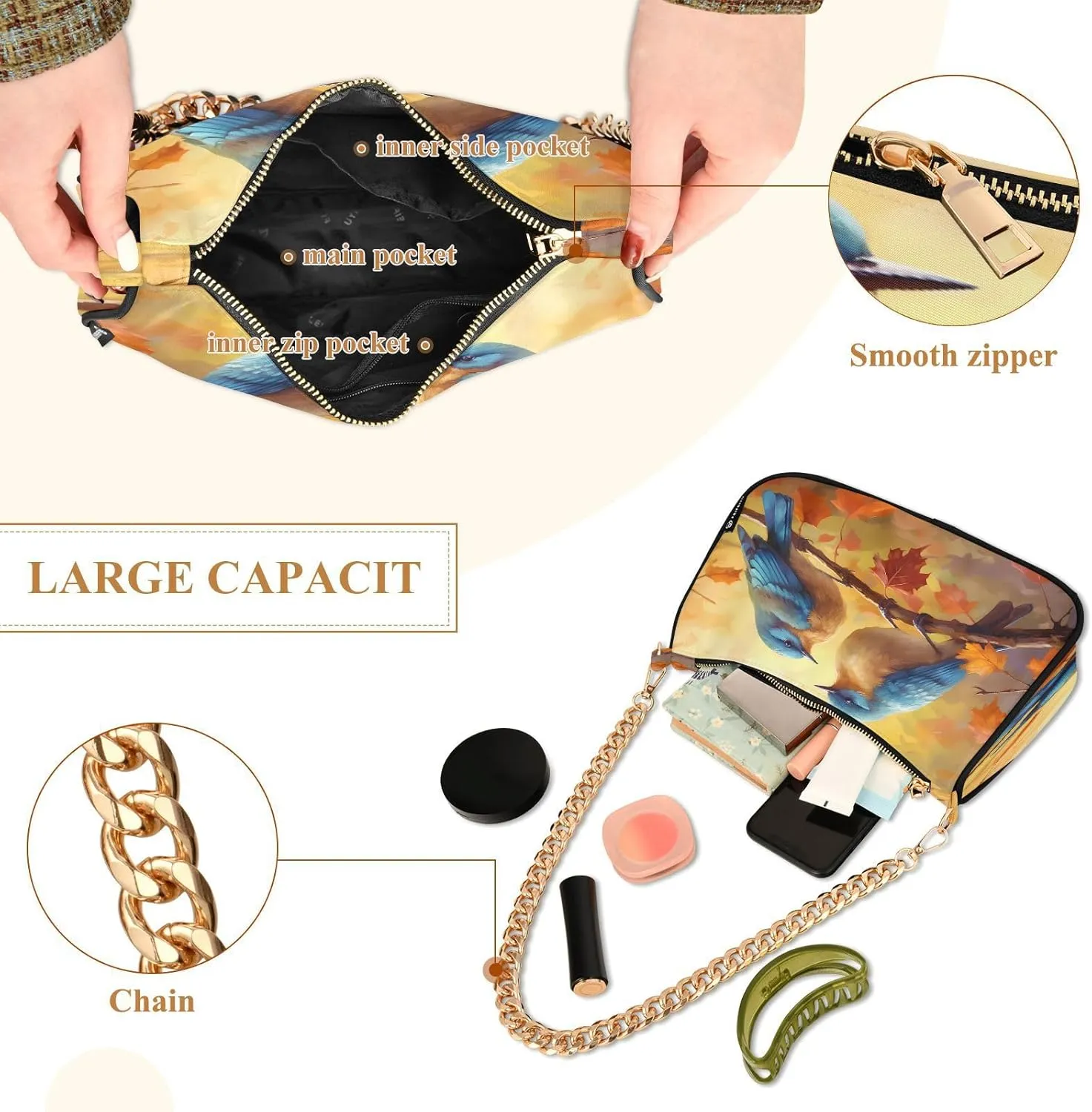 Shoulder Bags for Women Autumn Pumpkins and Fall Leaves Hobo Tote Handbag Small Clutch Purse with Zipper Closure