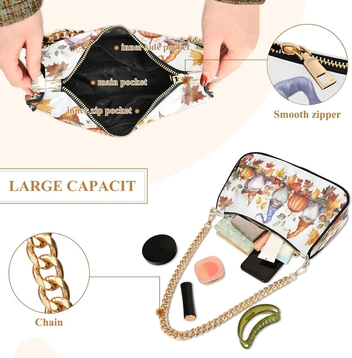Shoulder Bags for Women Autumn Pumpkins and Fall Leaves Hobo Tote Handbag Small Clutch Purse with Zipper Closure