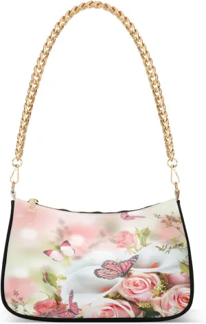 Shoulder Bags for Women Butterfly Floral Spring Hobo Tote Handbag Small Clutch Purse with Zipper Closure
