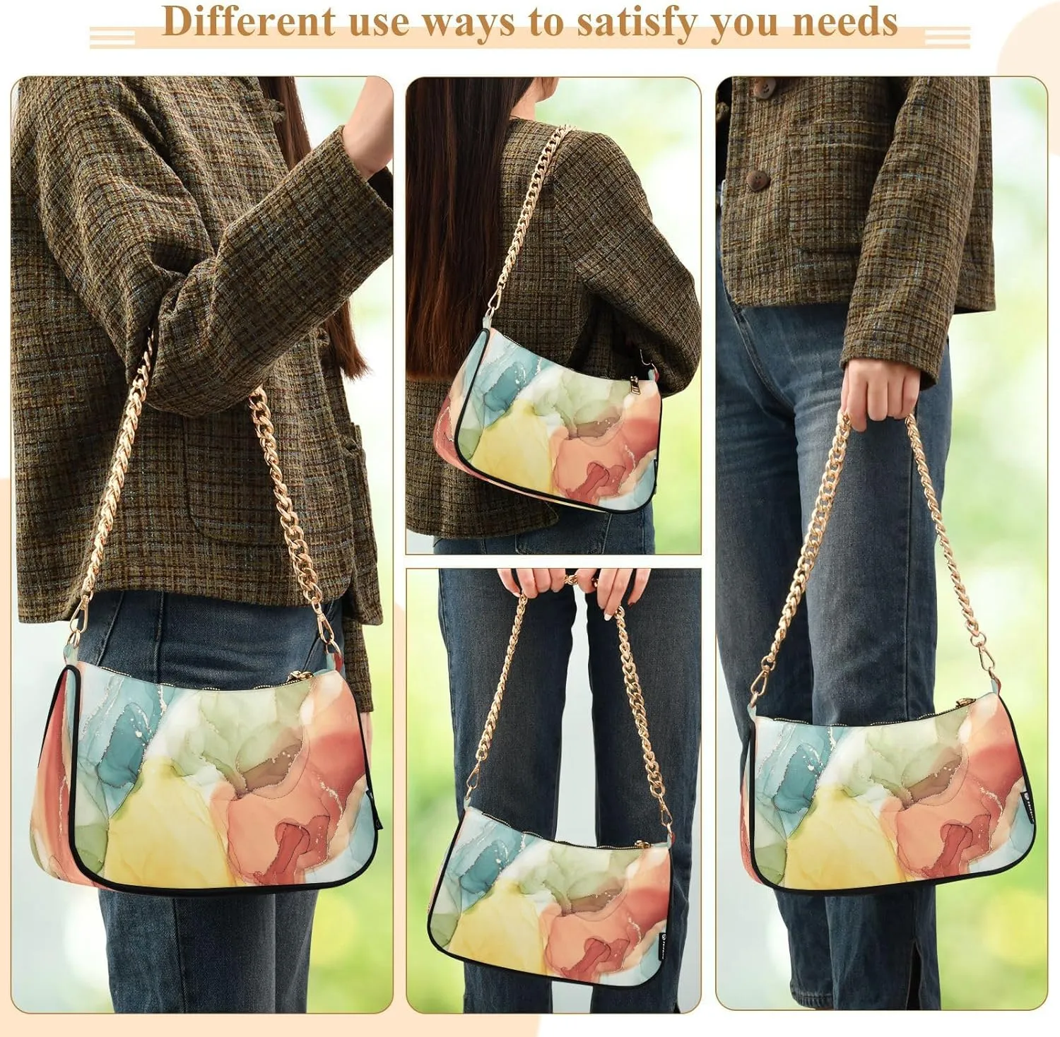 Shoulder Bags for Women Colorful Marble Texture Hobo Tote Handbag Small Clutch Purse with Zipper Closure