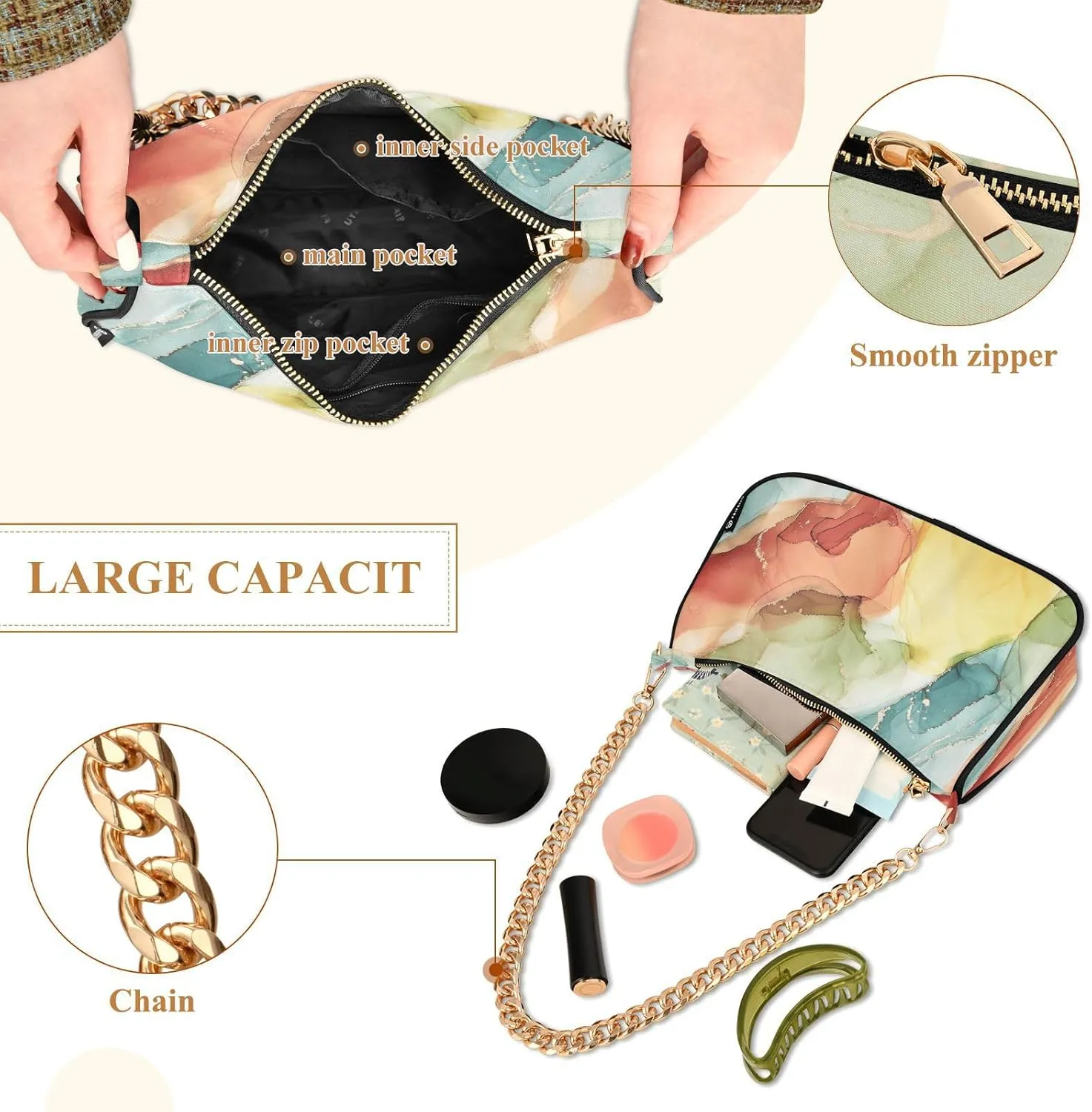 Shoulder Bags for Women Colorful Marble Texture Hobo Tote Handbag Small Clutch Purse with Zipper Closure