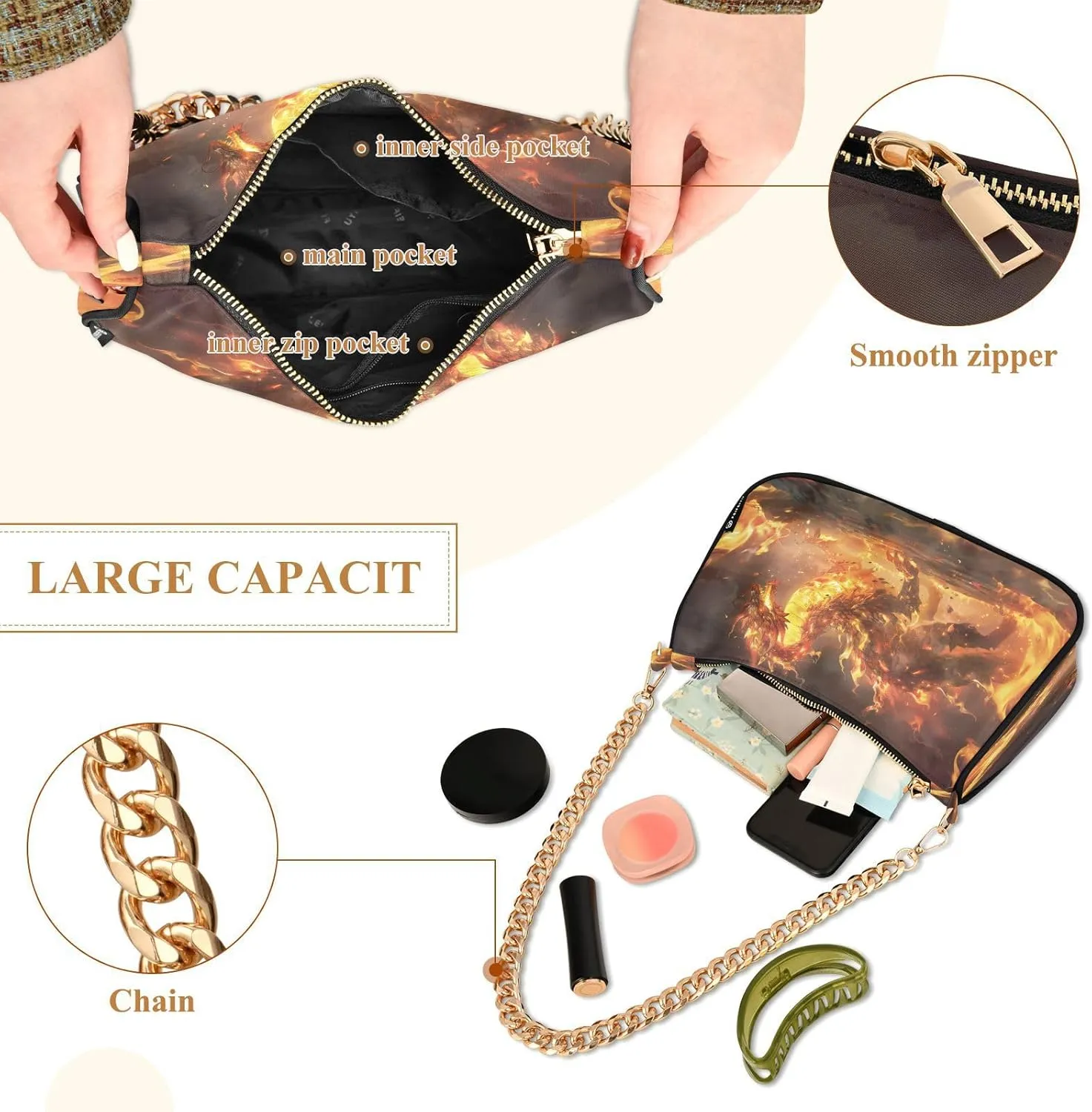 Shoulder Bags for Women Fire Water Dragon Hobo Tote Handbag Small Clutch Purse with Zipper Closure