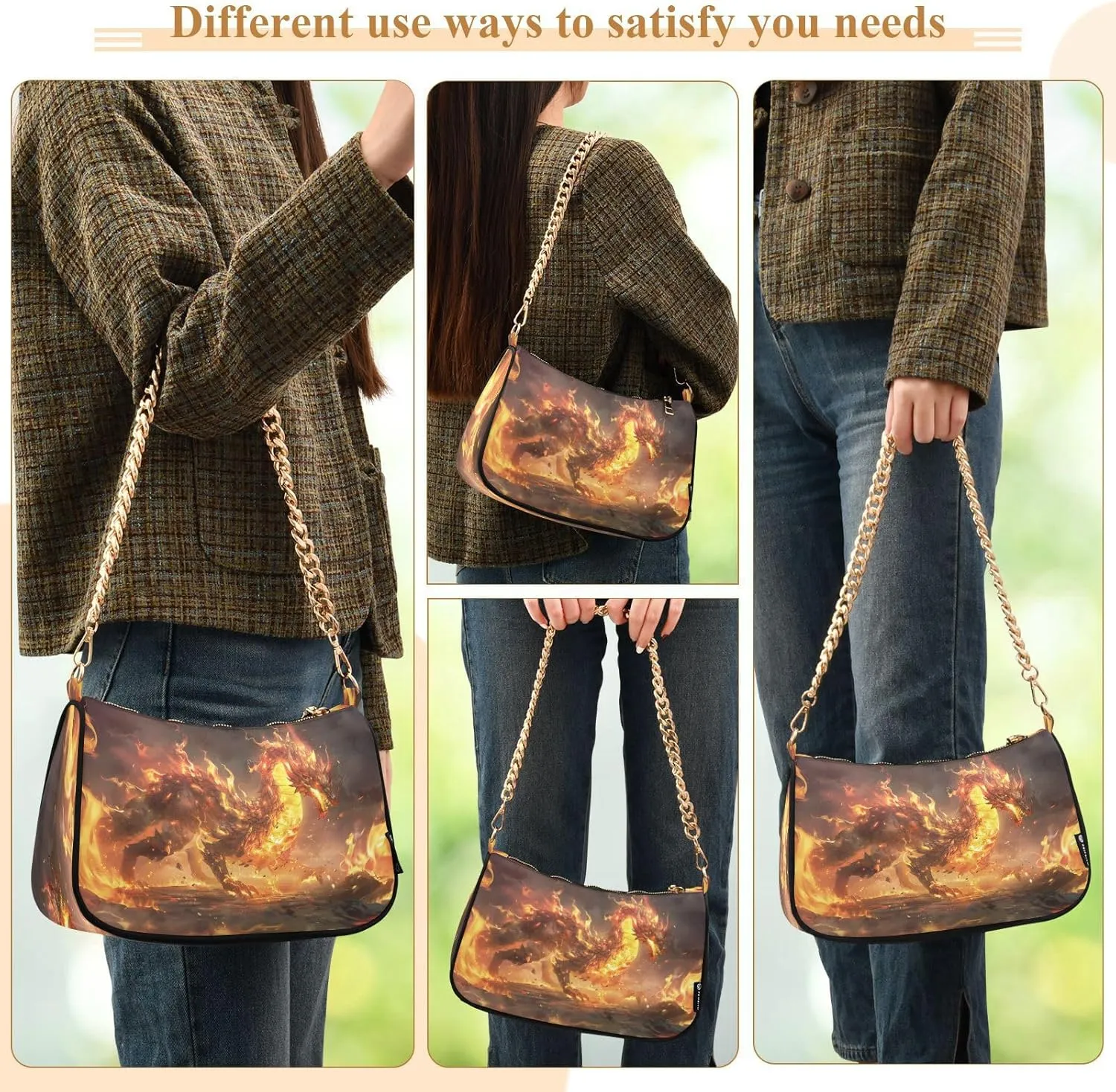 Shoulder Bags for Women Fire Water Dragon Hobo Tote Handbag Small Clutch Purse with Zipper Closure