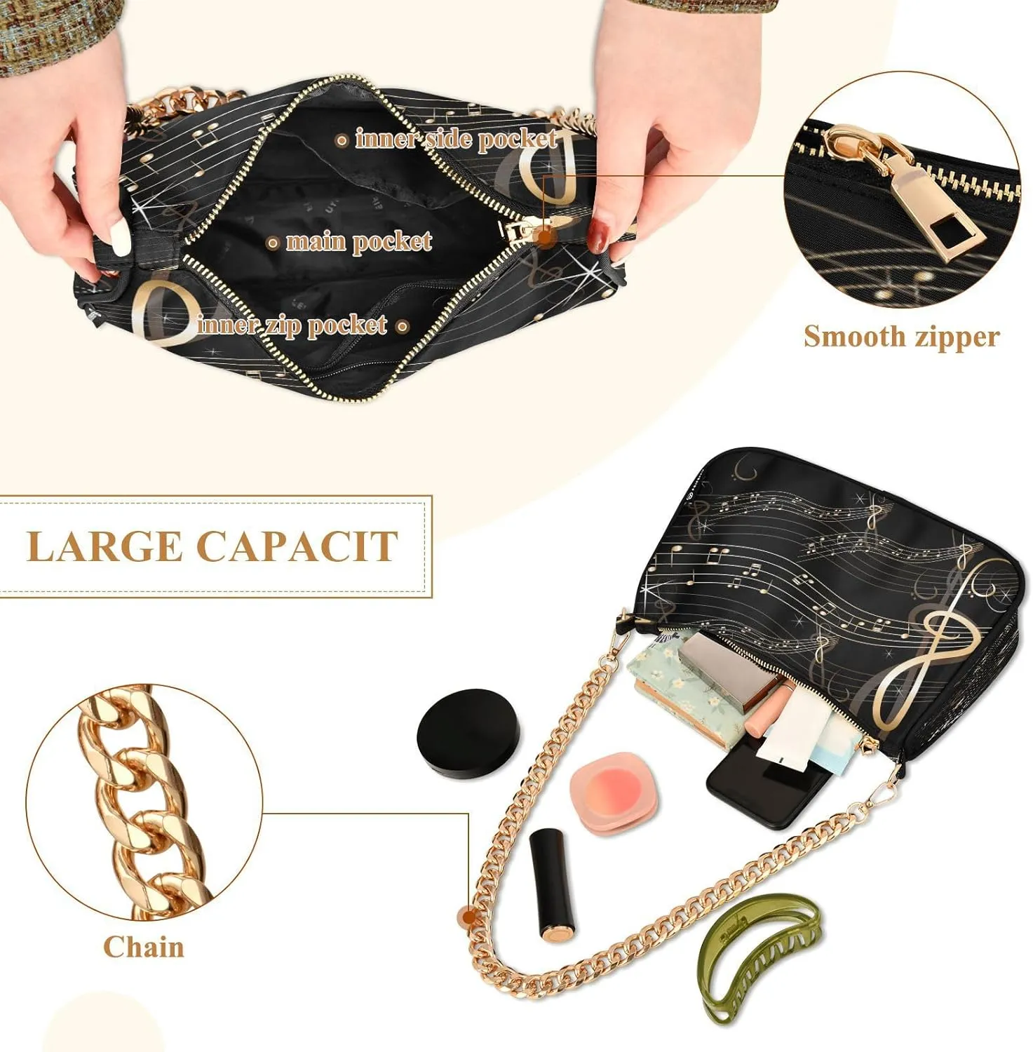 Shoulder Bags for Women Music Notes Piano Hobo Tote Handbag Small Clutch Purse with Zipper Closure