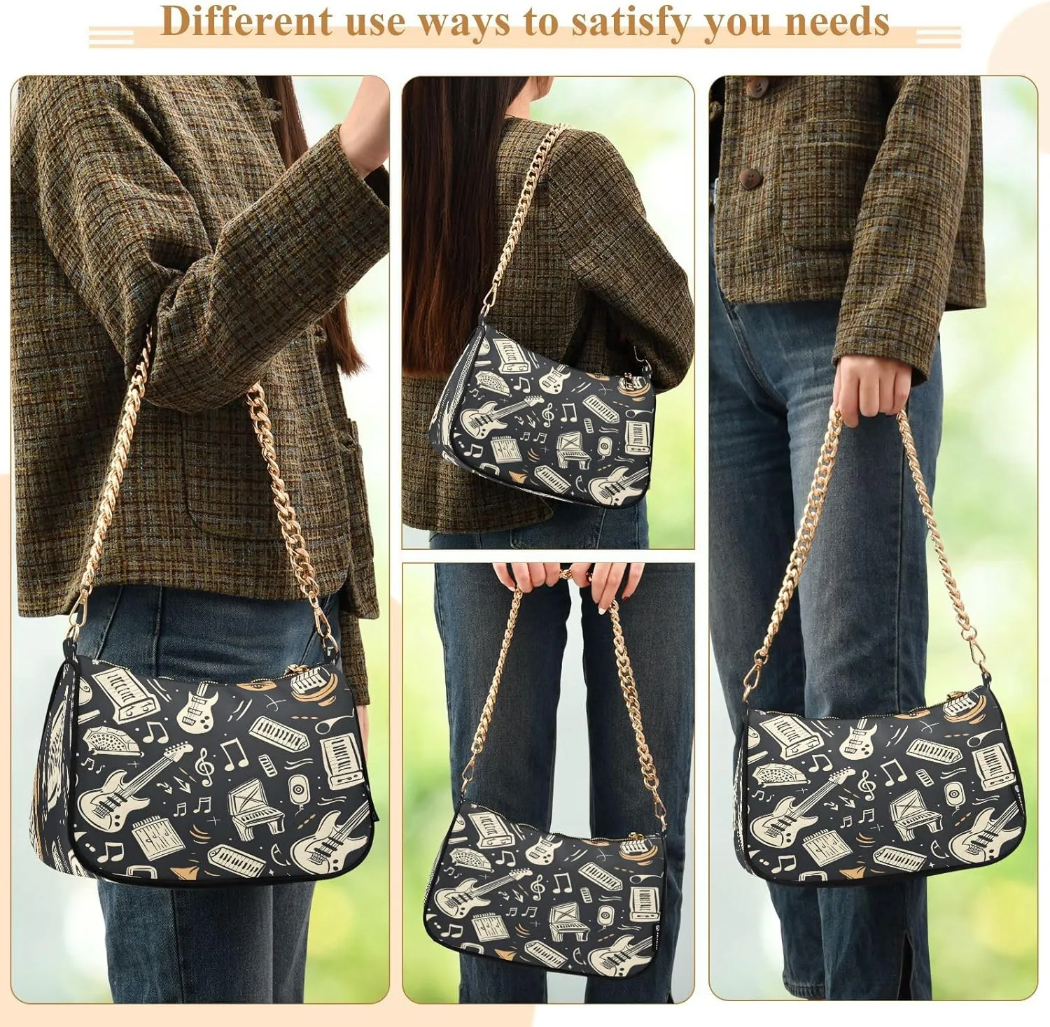 Shoulder Bags for Women Music Notes Piano Hobo Tote Handbag Small Clutch Purse with Zipper Closure