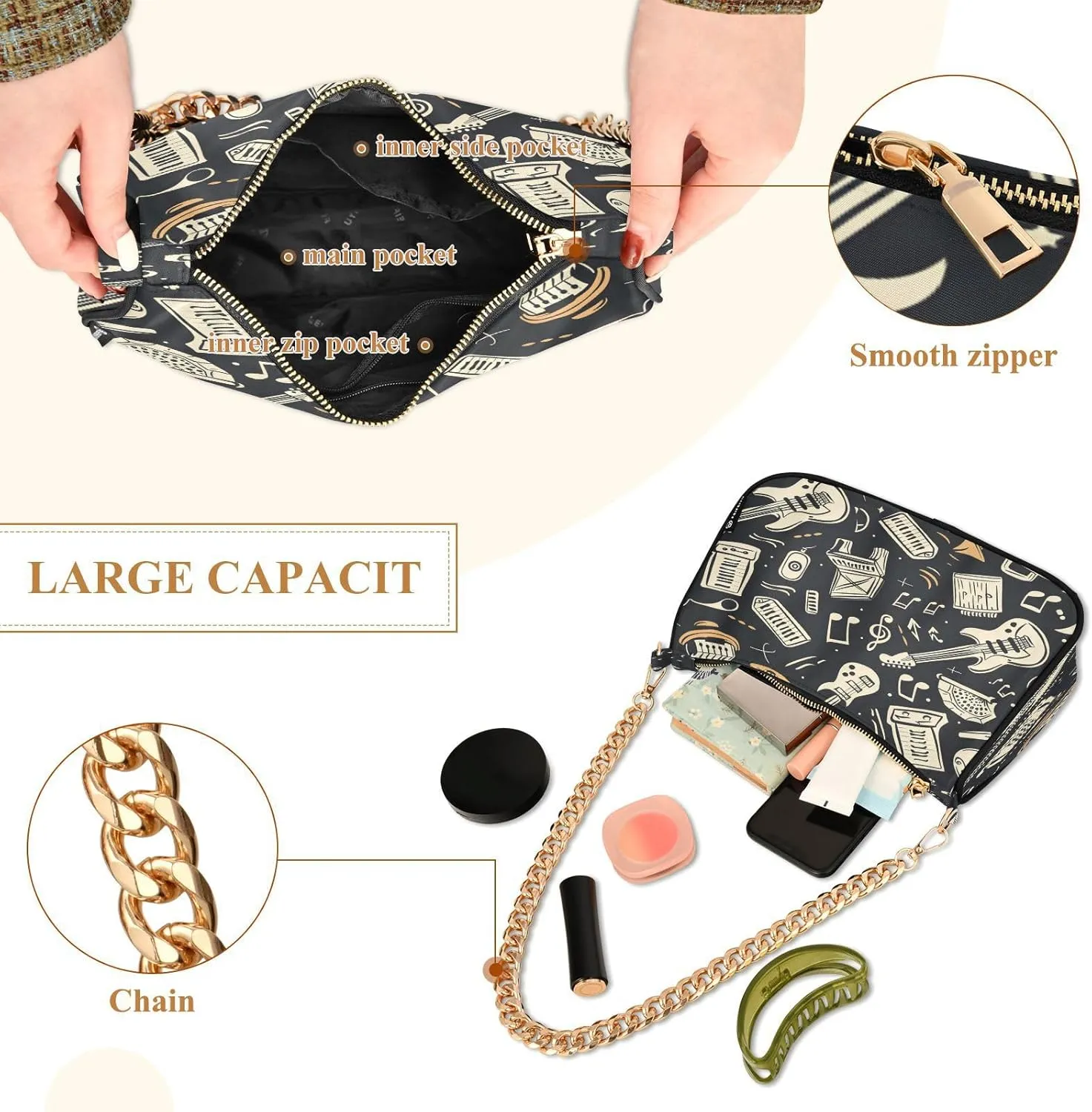 Shoulder Bags for Women Music Notes Piano Hobo Tote Handbag Small Clutch Purse with Zipper Closure
