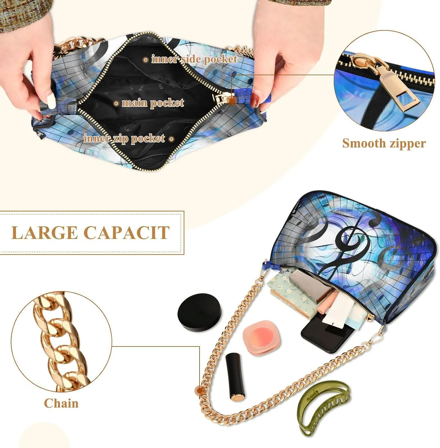 Shoulder Bags for Women Music Notes Piano Hobo Tote Handbag Small Clutch Purse with Zipper Closure