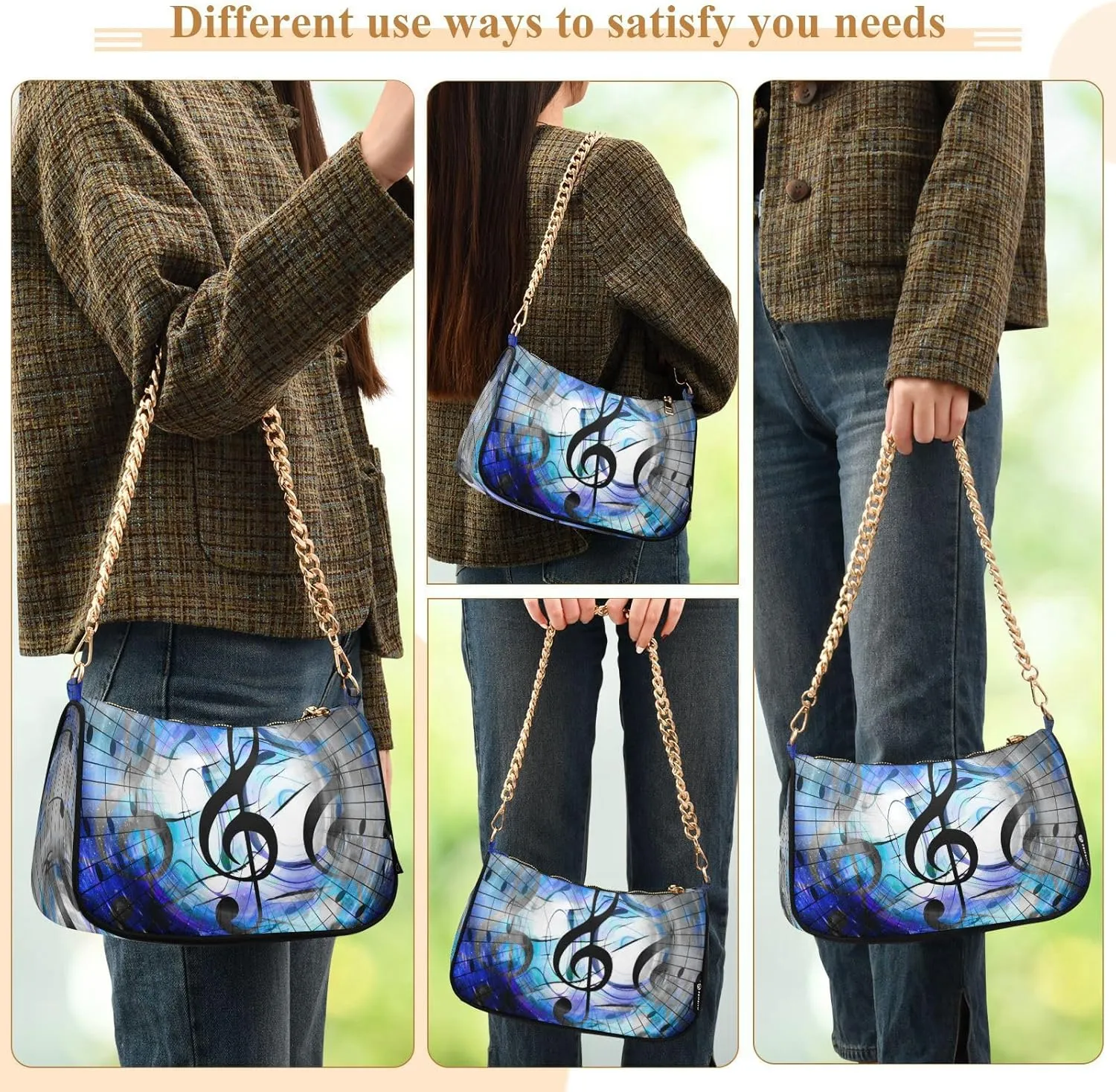 Shoulder Bags for Women Music Notes Piano Hobo Tote Handbag Small Clutch Purse with Zipper Closure