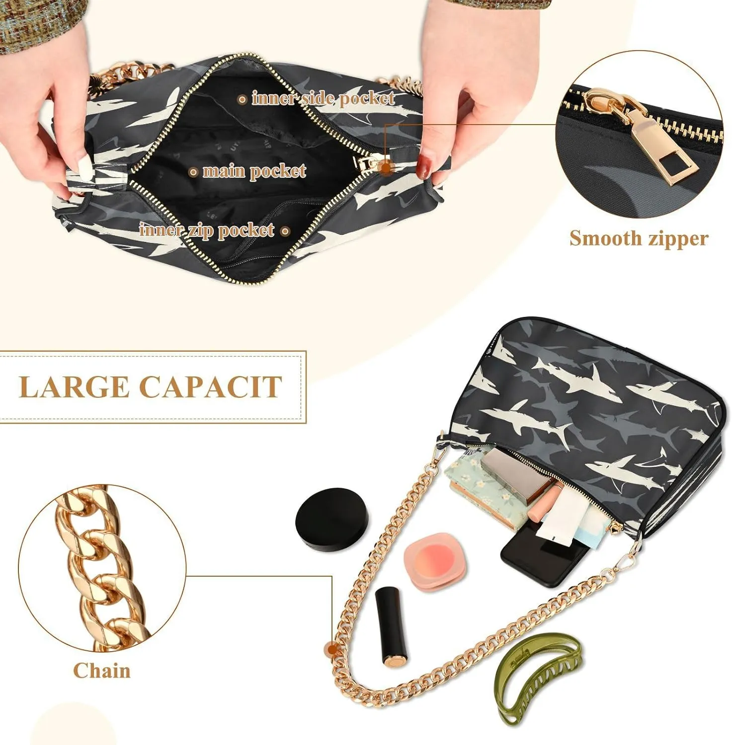 Shoulder Bags for Women Shark Hobo Tote Handbag Small Clutch Purse with Zipper Closure