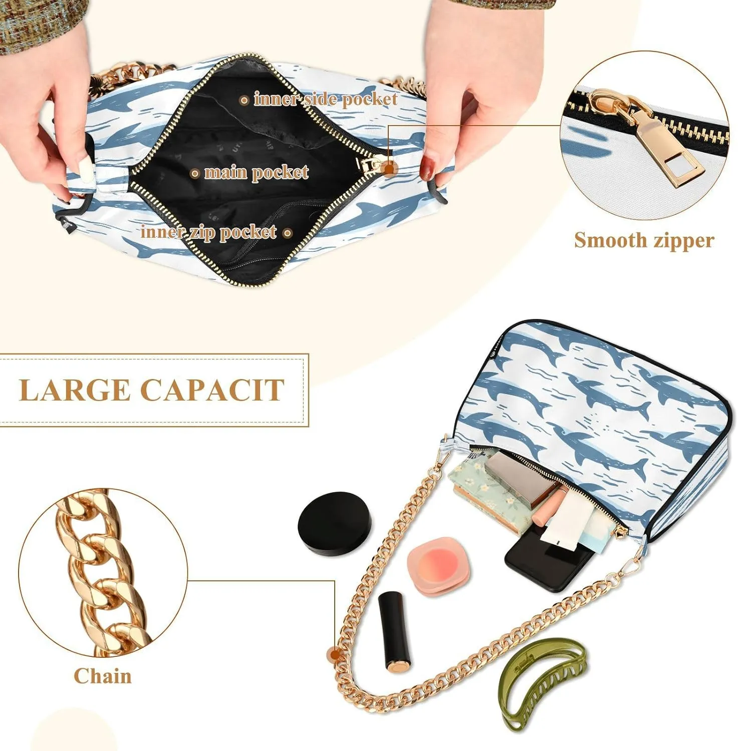 Shoulder Bags for Women Shark Hobo Tote Handbag Small Clutch Purse with Zipper Closure