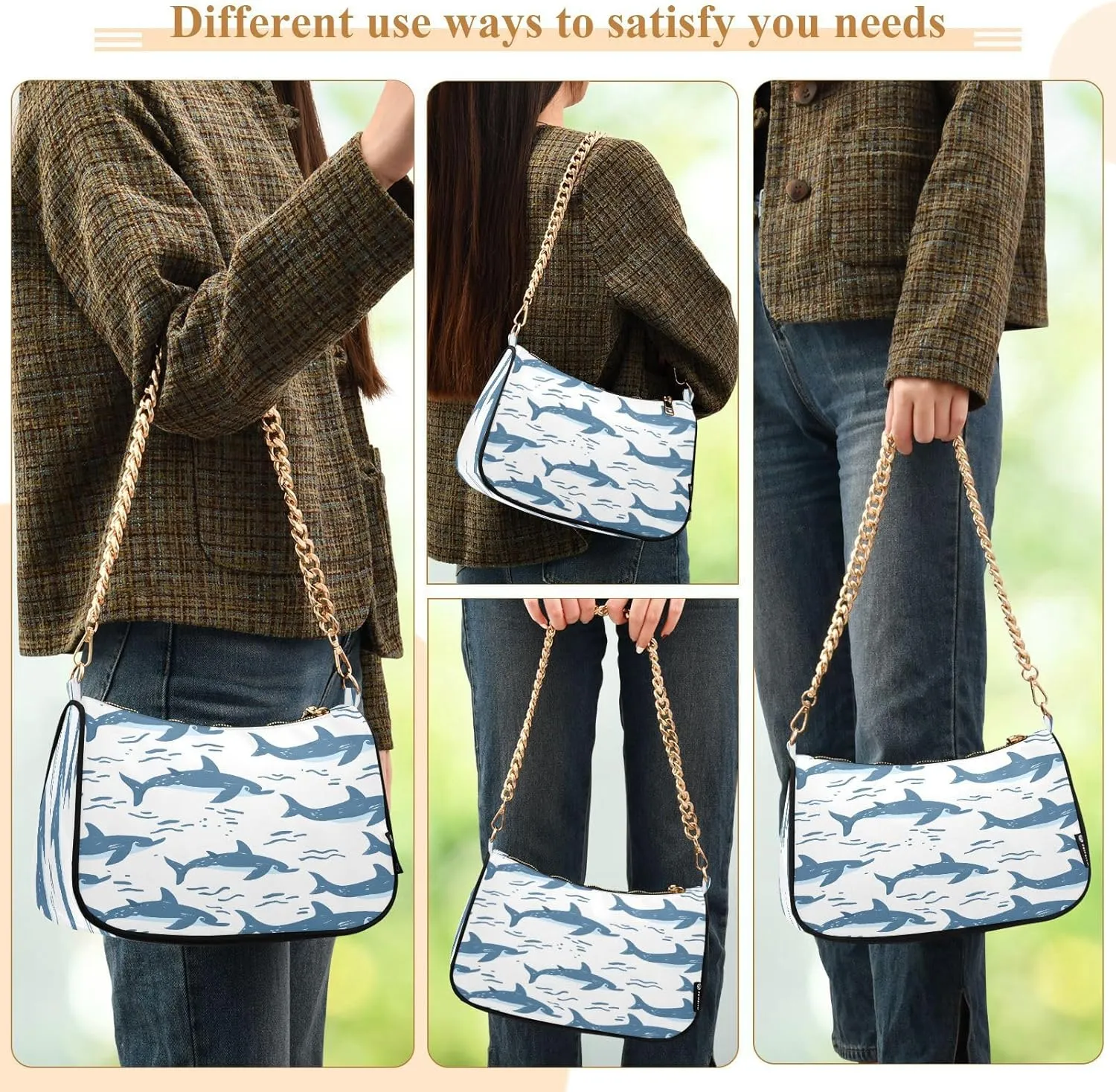 Shoulder Bags for Women Shark Hobo Tote Handbag Small Clutch Purse with Zipper Closure