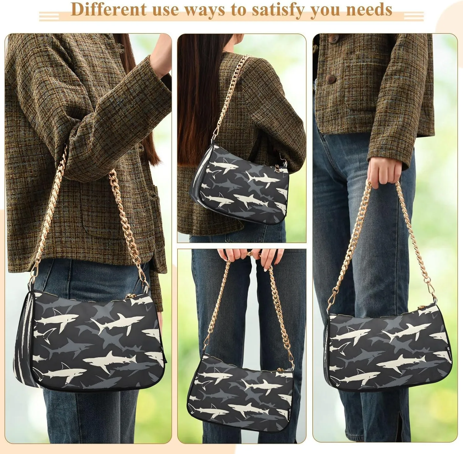 Shoulder Bags for Women Shark Hobo Tote Handbag Small Clutch Purse with Zipper Closure