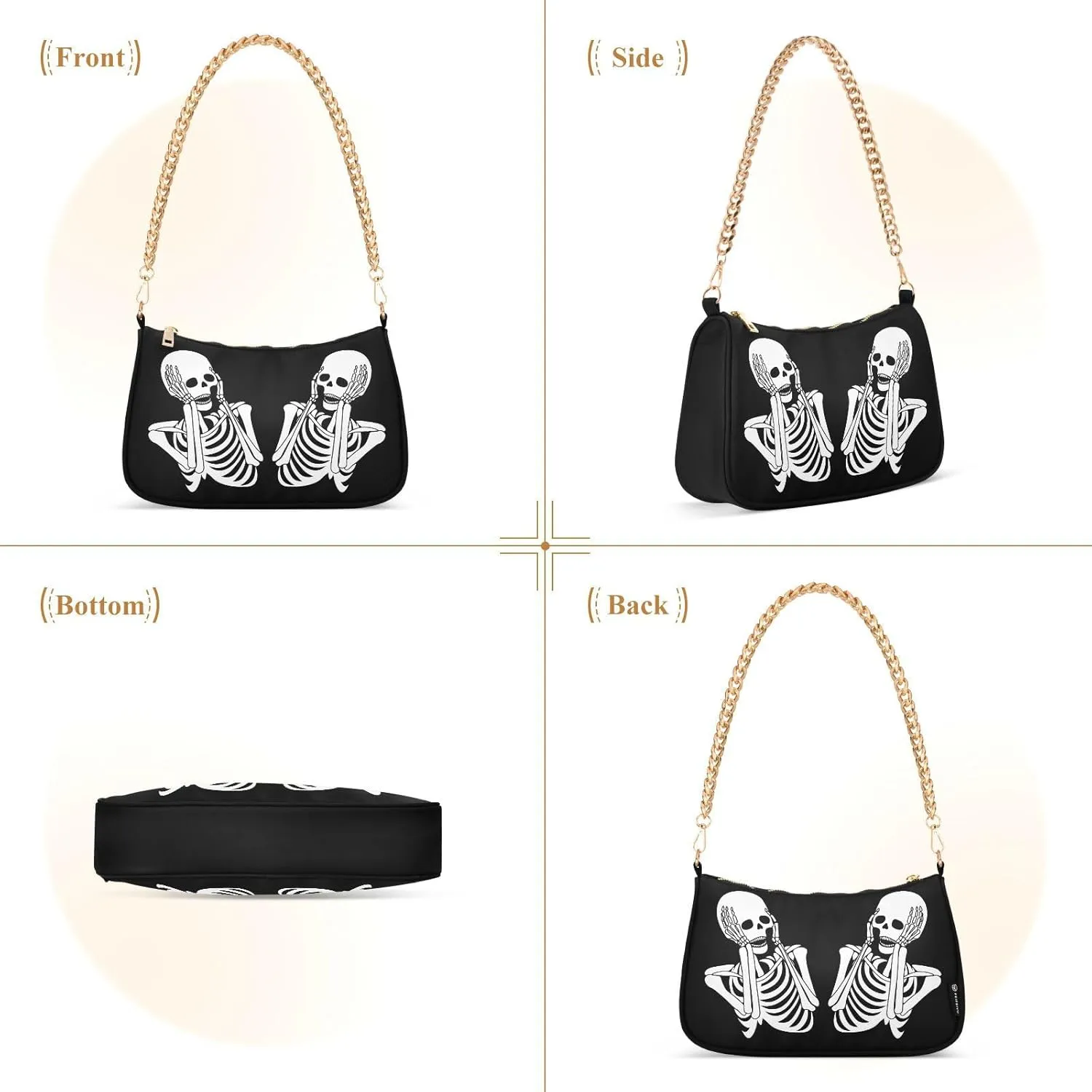 Shoulder Bags for Women Skeleton Skull and Rose Flowers Hobo Tote Handbag Small Clutch Purse with Zipper Closure