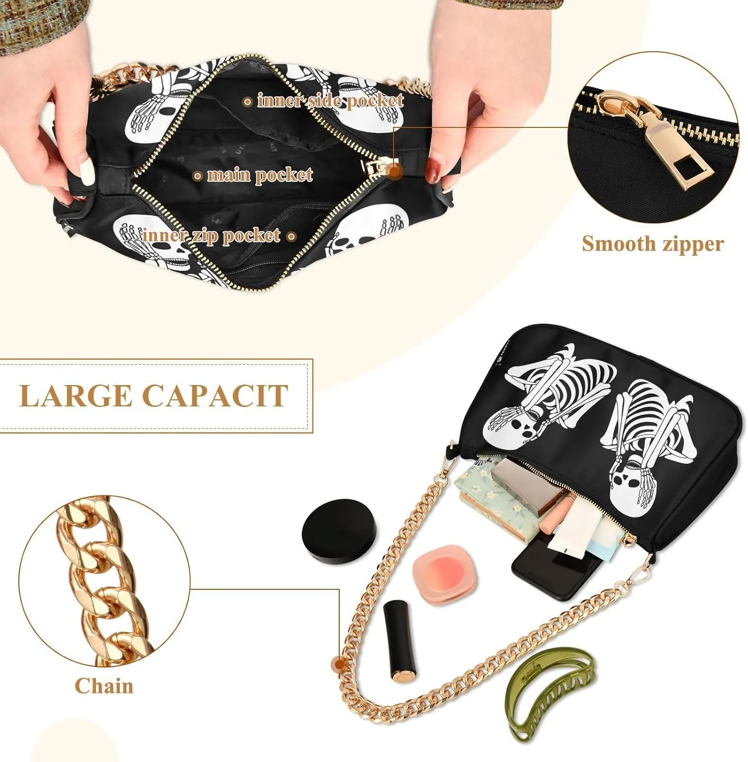 Shoulder Bags for Women Skeleton Skull and Rose Flowers Hobo Tote Handbag Small Clutch Purse with Zipper Closure