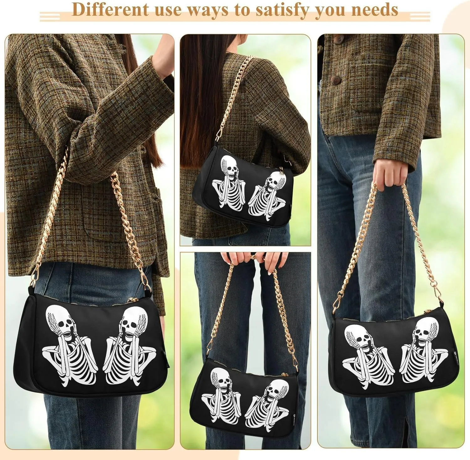 Shoulder Bags for Women Skeleton Skull and Rose Flowers Hobo Tote Handbag Small Clutch Purse with Zipper Closure