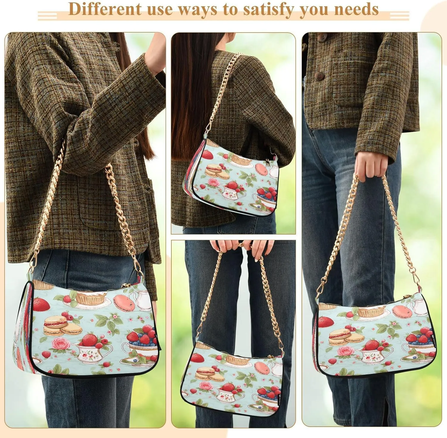 Shoulder Bags for Women Strawberry Hobo Tote Handbag Small Clutch Purse with Zipper Closure