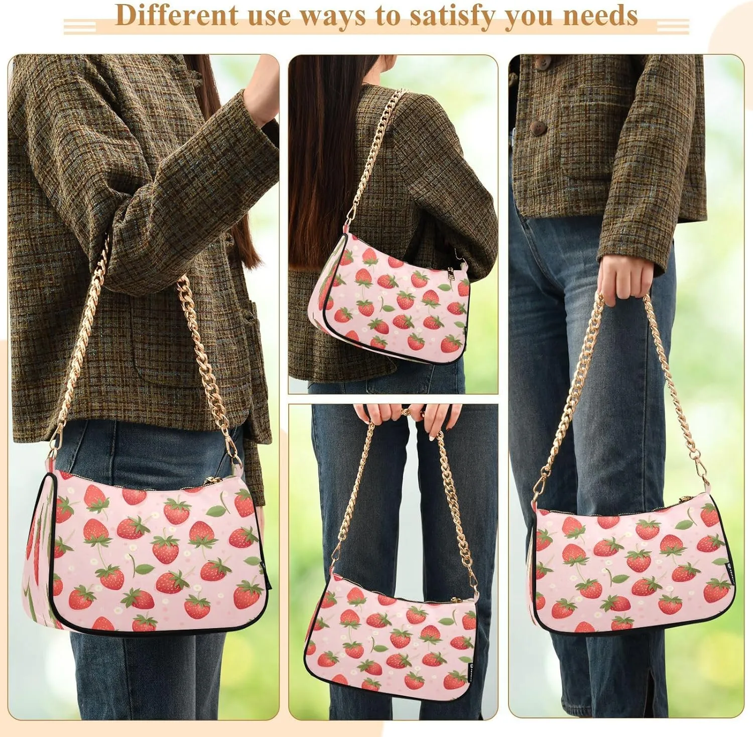 Shoulder Bags for Women Strawberry Hobo Tote Handbag Small Clutch Purse with Zipper Closure