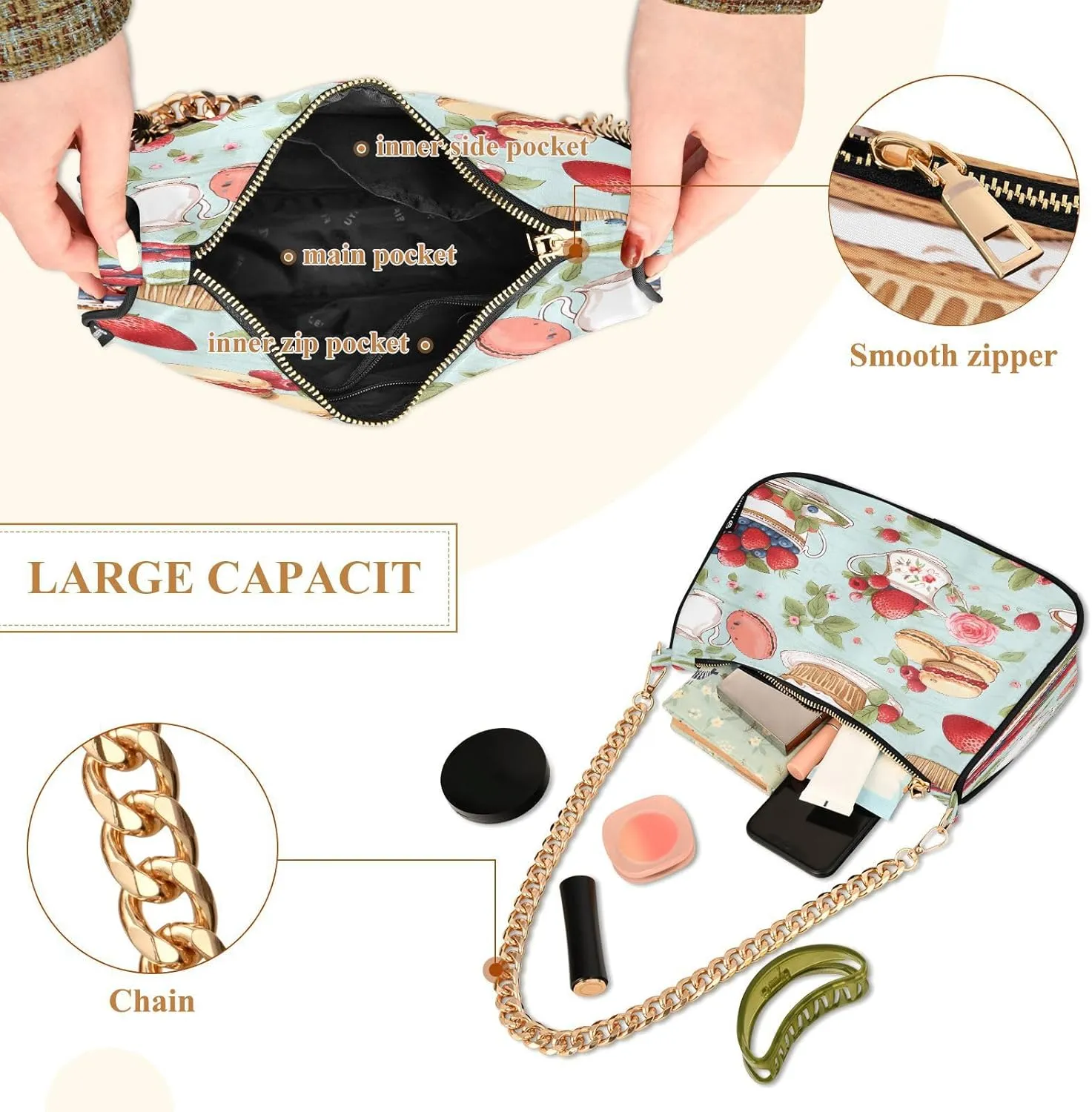 Shoulder Bags for Women Strawberry Hobo Tote Handbag Small Clutch Purse with Zipper Closure