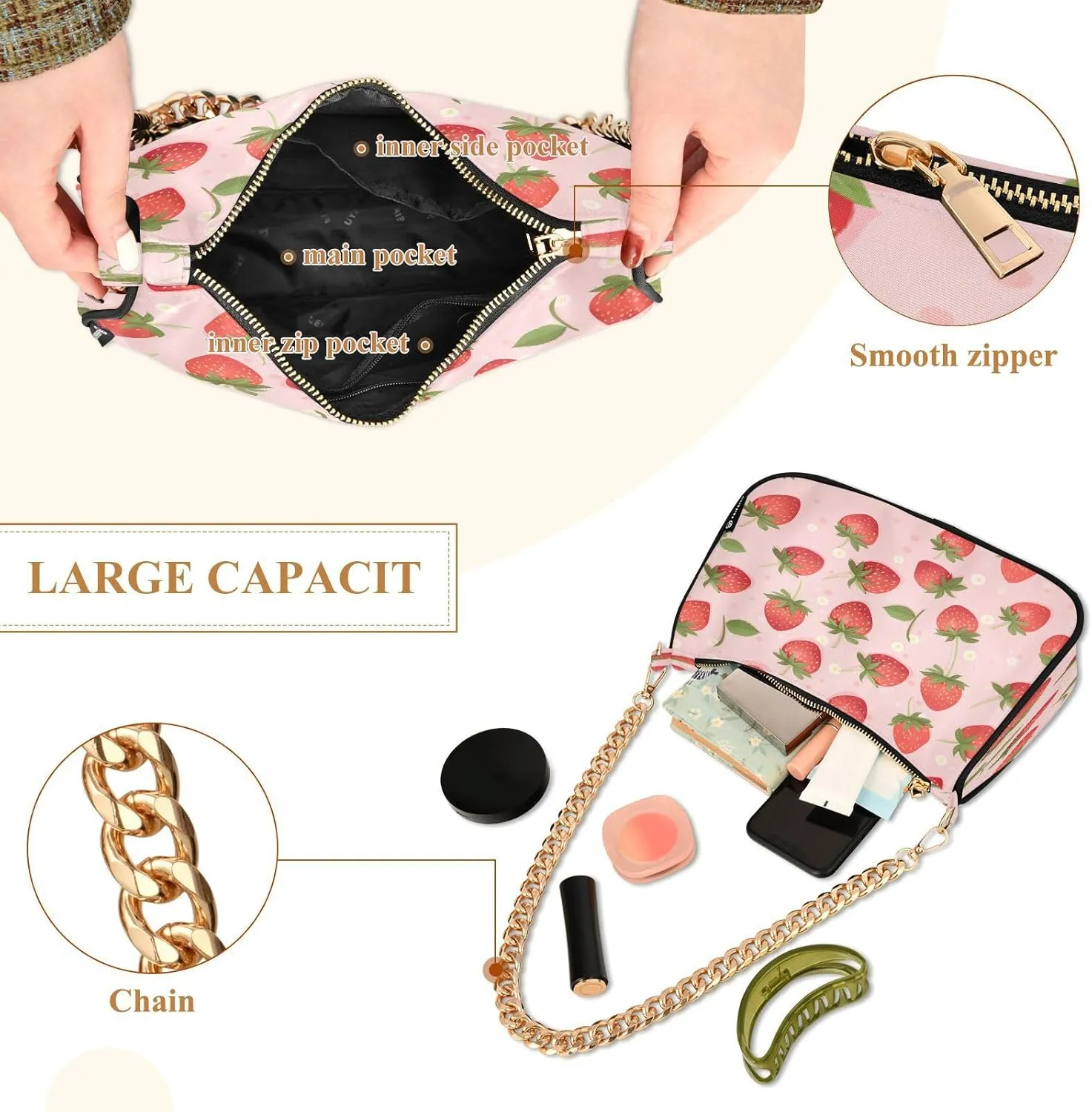 Shoulder Bags for Women Strawberry Hobo Tote Handbag Small Clutch Purse with Zipper Closure