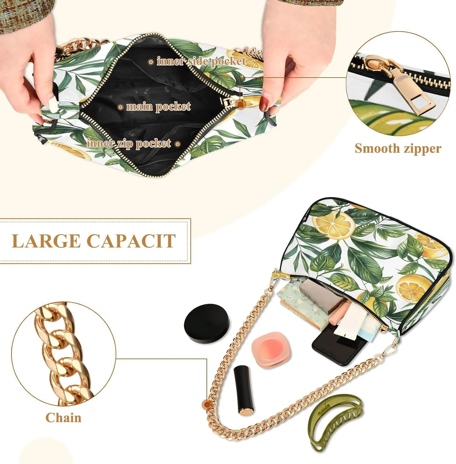 Shoulder Bags for Women Vintage Yellow Lemon Fruit and Blue Print Hobo Tote Handbag Small Clutch Purse with Zipper Closure
