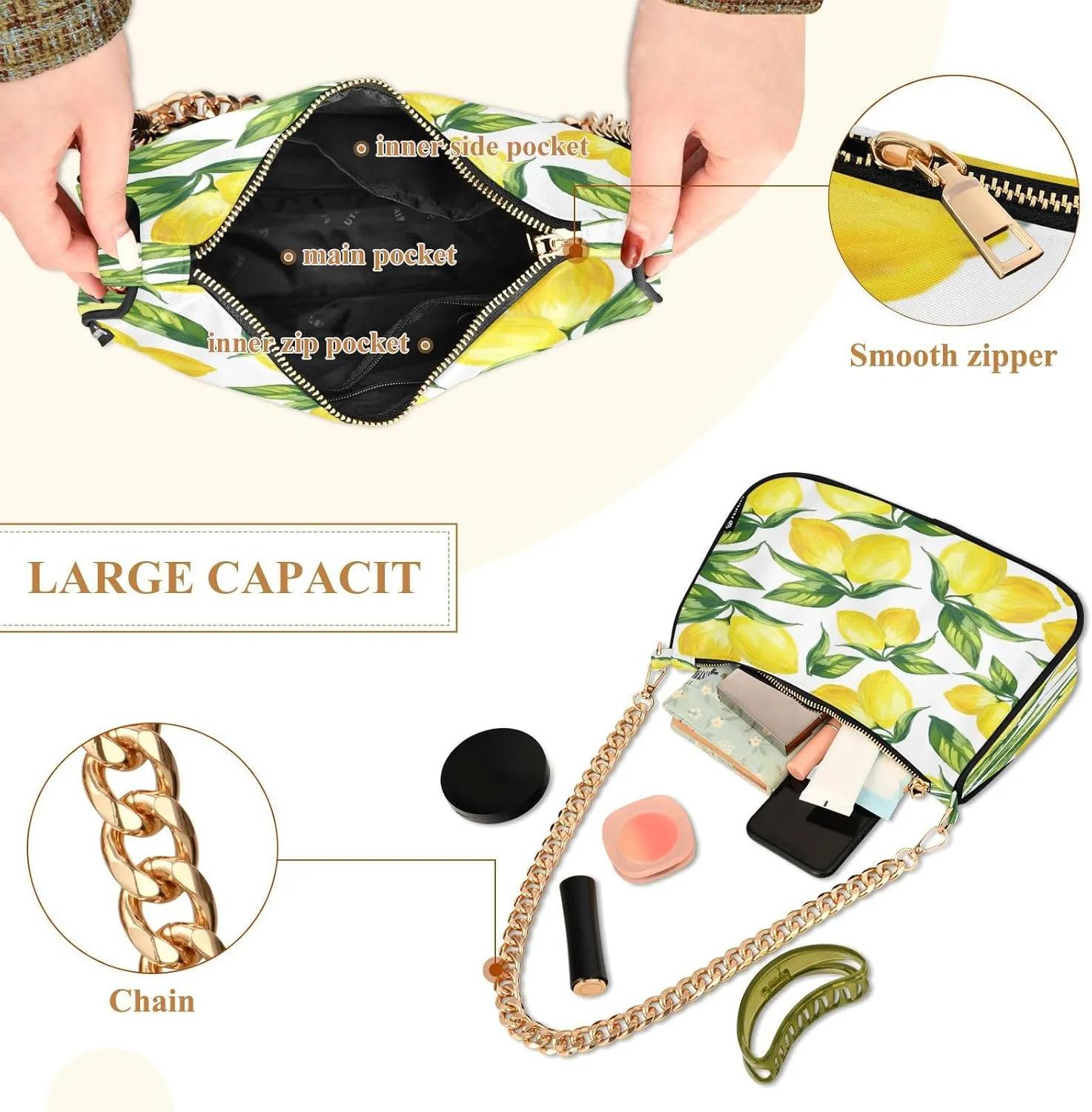 Shoulder Bags for Women Vintage Yellow Lemon Fruit and Blue Print Hobo Tote Handbag Small Clutch Purse with Zipper Closure