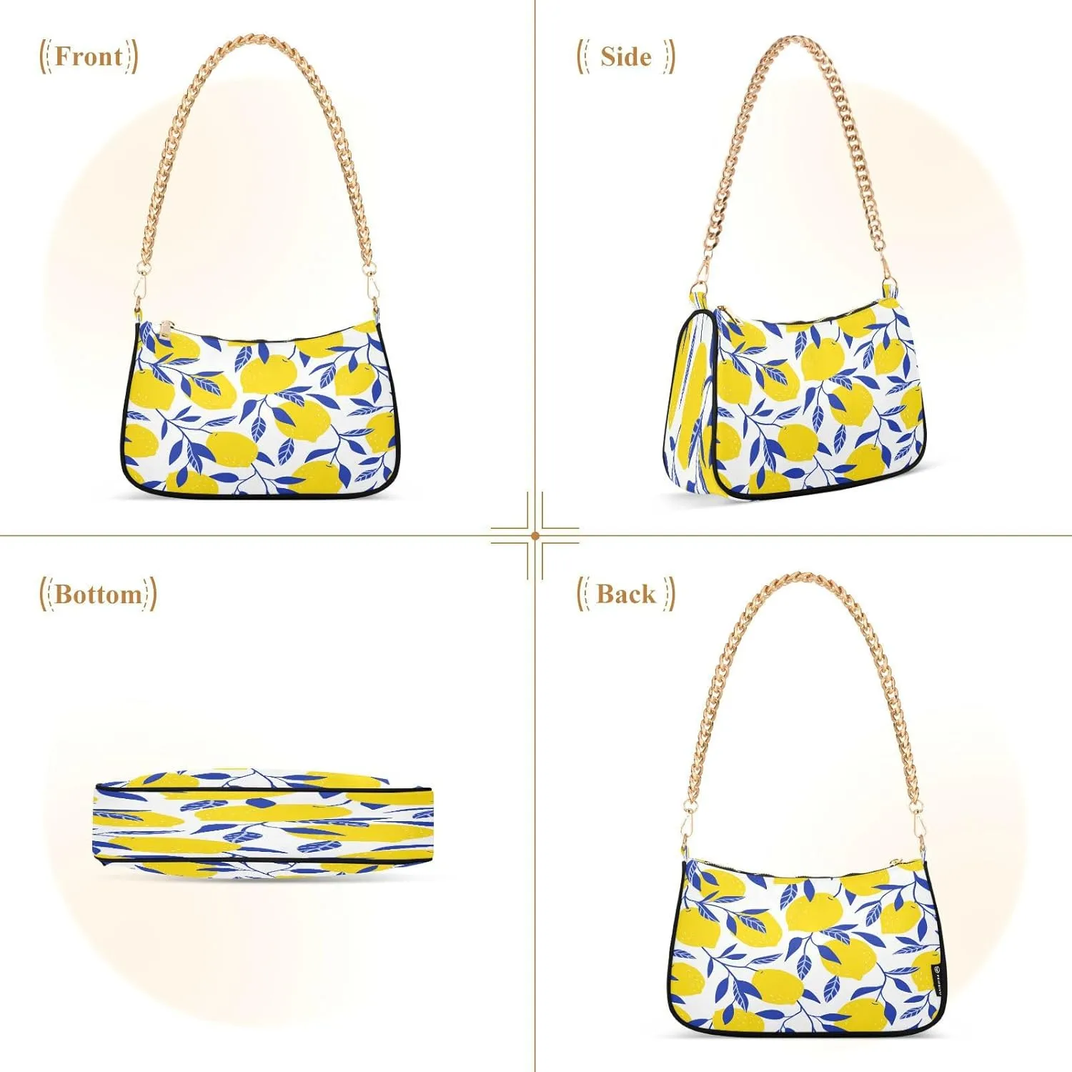 Shoulder Bags for Women Vintage Yellow Lemon Fruit and Blue Print Hobo Tote Handbag Small Clutch Purse with Zipper Closure