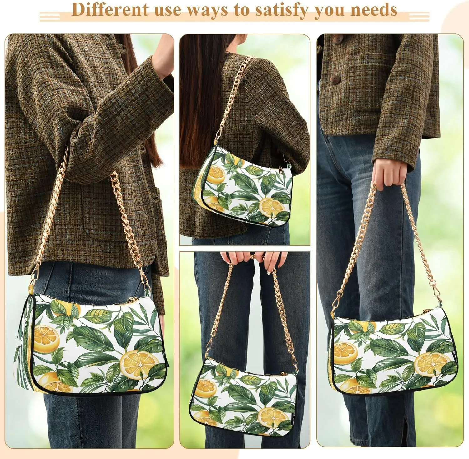 Shoulder Bags for Women Vintage Yellow Lemon Fruit and Blue Print Hobo Tote Handbag Small Clutch Purse with Zipper Closure