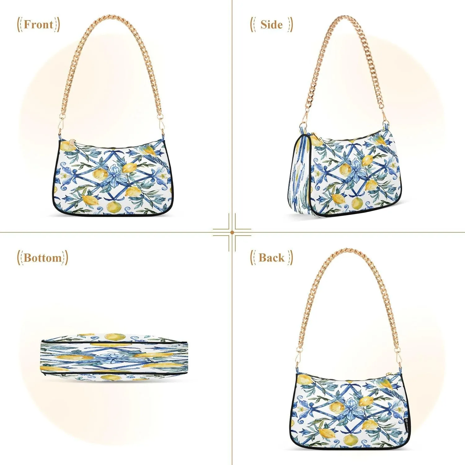 Shoulder Bags for Women Vintage Yellow Lemon Fruit and Blue Print Hobo Tote Handbag Small Clutch Purse with Zipper Closure