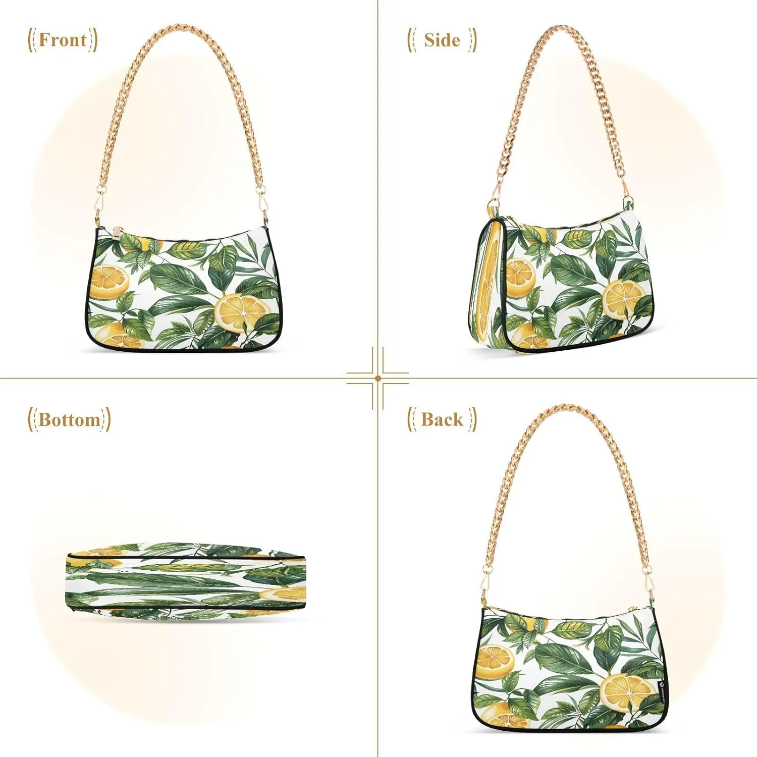 Shoulder Bags for Women Vintage Yellow Lemon Fruit and Blue Print Hobo Tote Handbag Small Clutch Purse with Zipper Closure