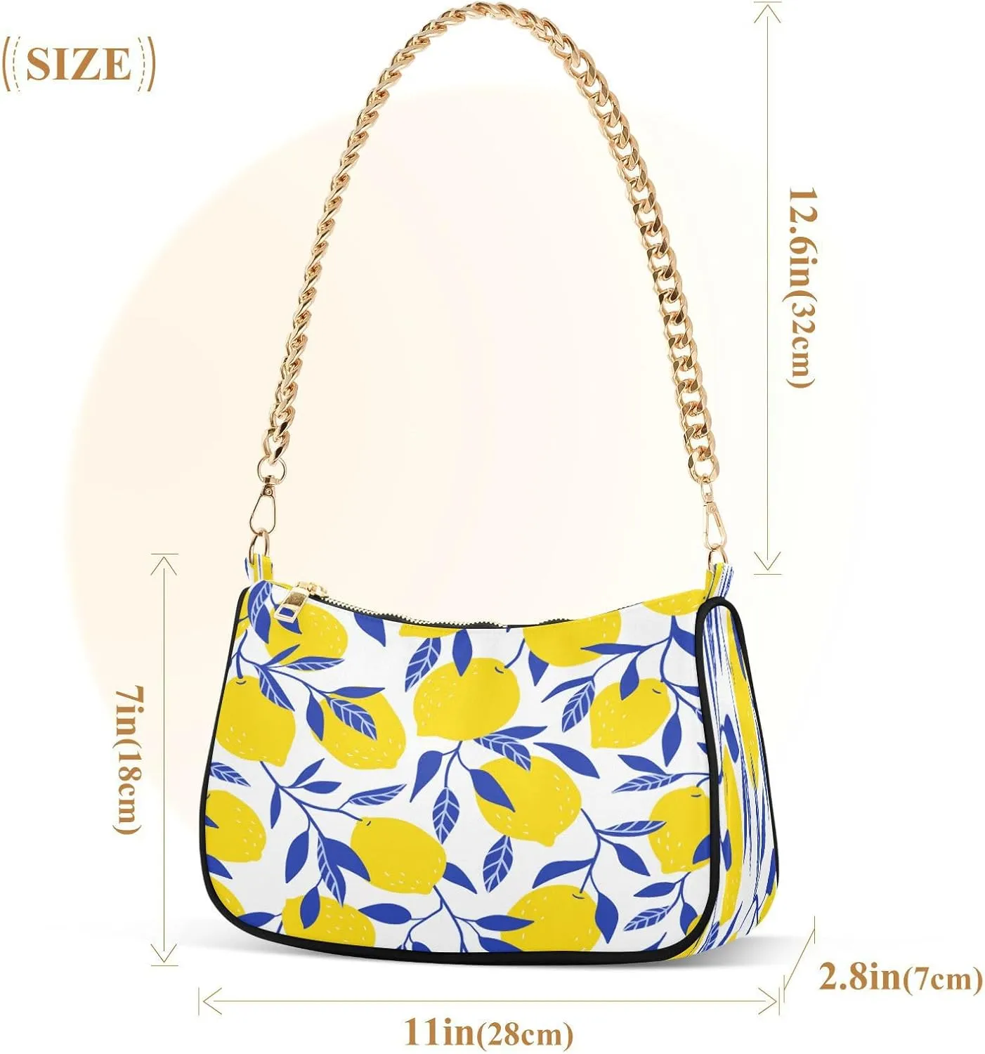 Shoulder Bags for Women Vintage Yellow Lemon Fruit and Blue Print Hobo Tote Handbag Small Clutch Purse with Zipper Closure