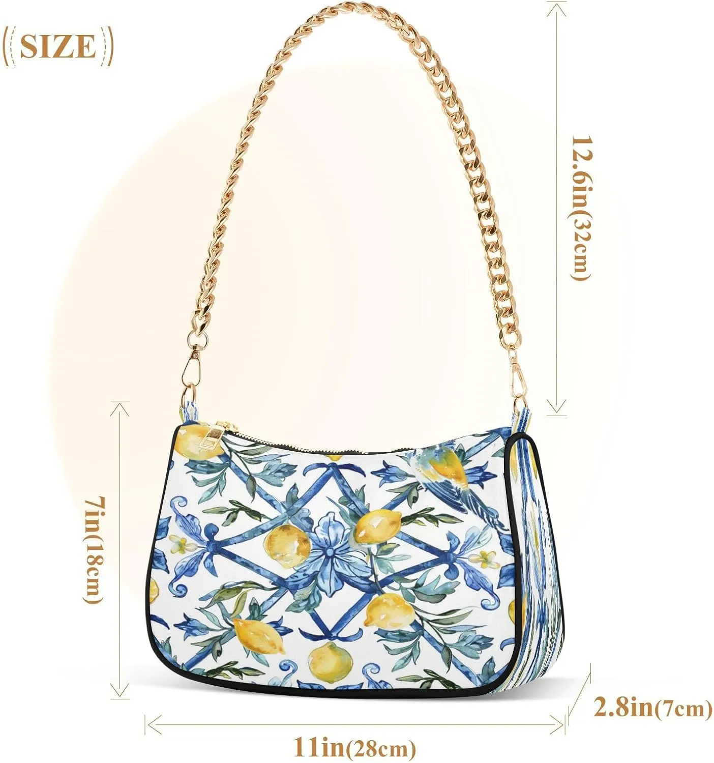 Shoulder Bags for Women Vintage Yellow Lemon Fruit and Blue Print Hobo Tote Handbag Small Clutch Purse with Zipper Closure