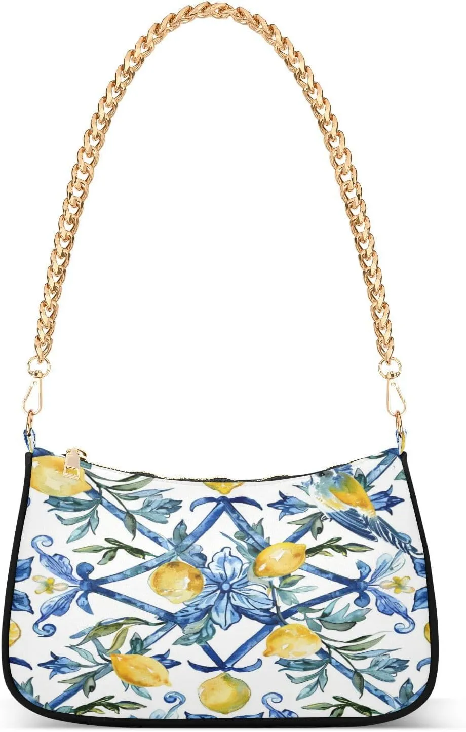 Shoulder Bags for Women Vintage Yellow Lemon Fruit and Blue Print Hobo Tote Handbag Small Clutch Purse with Zipper Closure