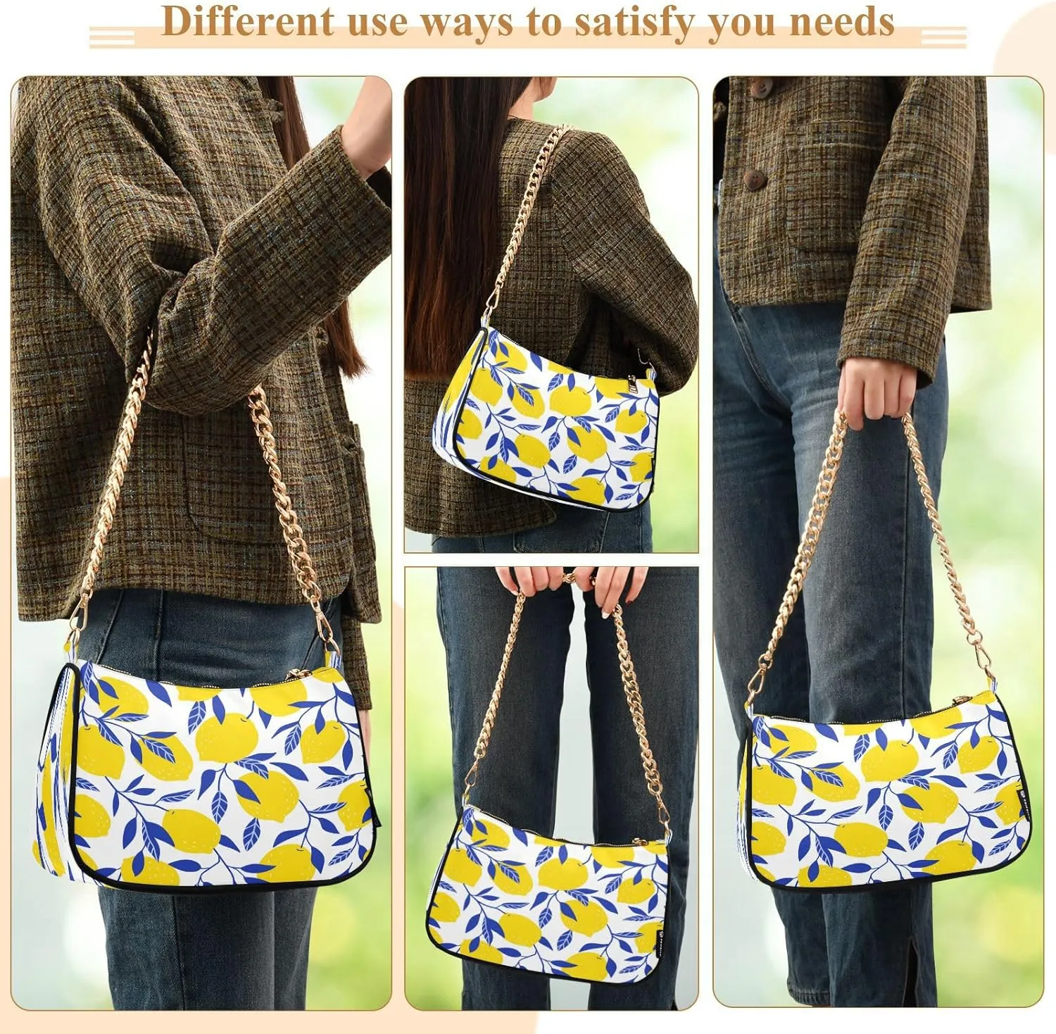 Shoulder Bags for Women Vintage Yellow Lemon Fruit and Blue Print Hobo Tote Handbag Small Clutch Purse with Zipper Closure