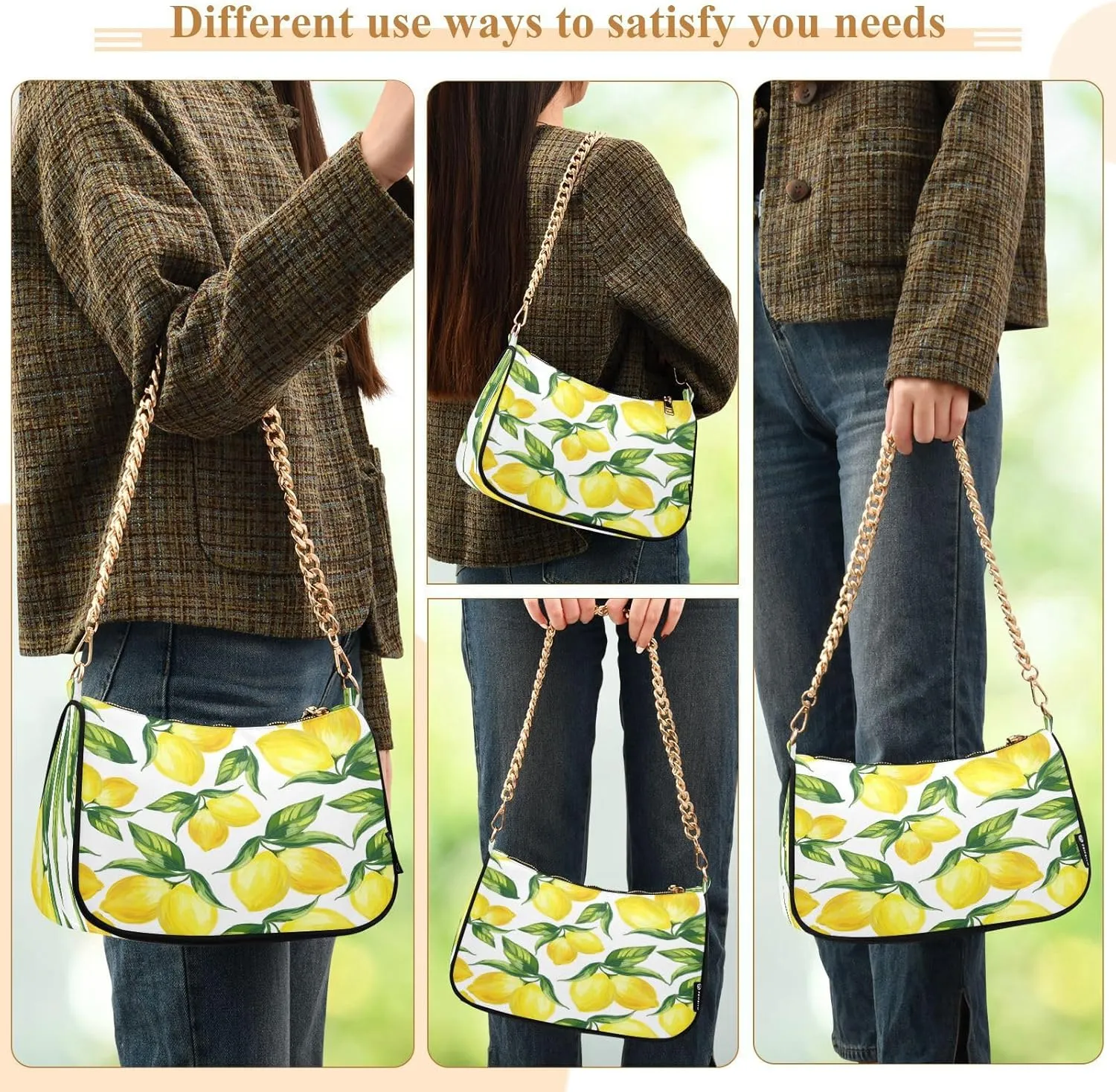 Shoulder Bags for Women Vintage Yellow Lemon Fruit and Blue Print Hobo Tote Handbag Small Clutch Purse with Zipper Closure