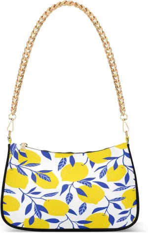Shoulder Bags for Women Vintage Yellow Lemon Fruit and Blue Print Hobo Tote Handbag Small Clutch Purse with Zipper Closure