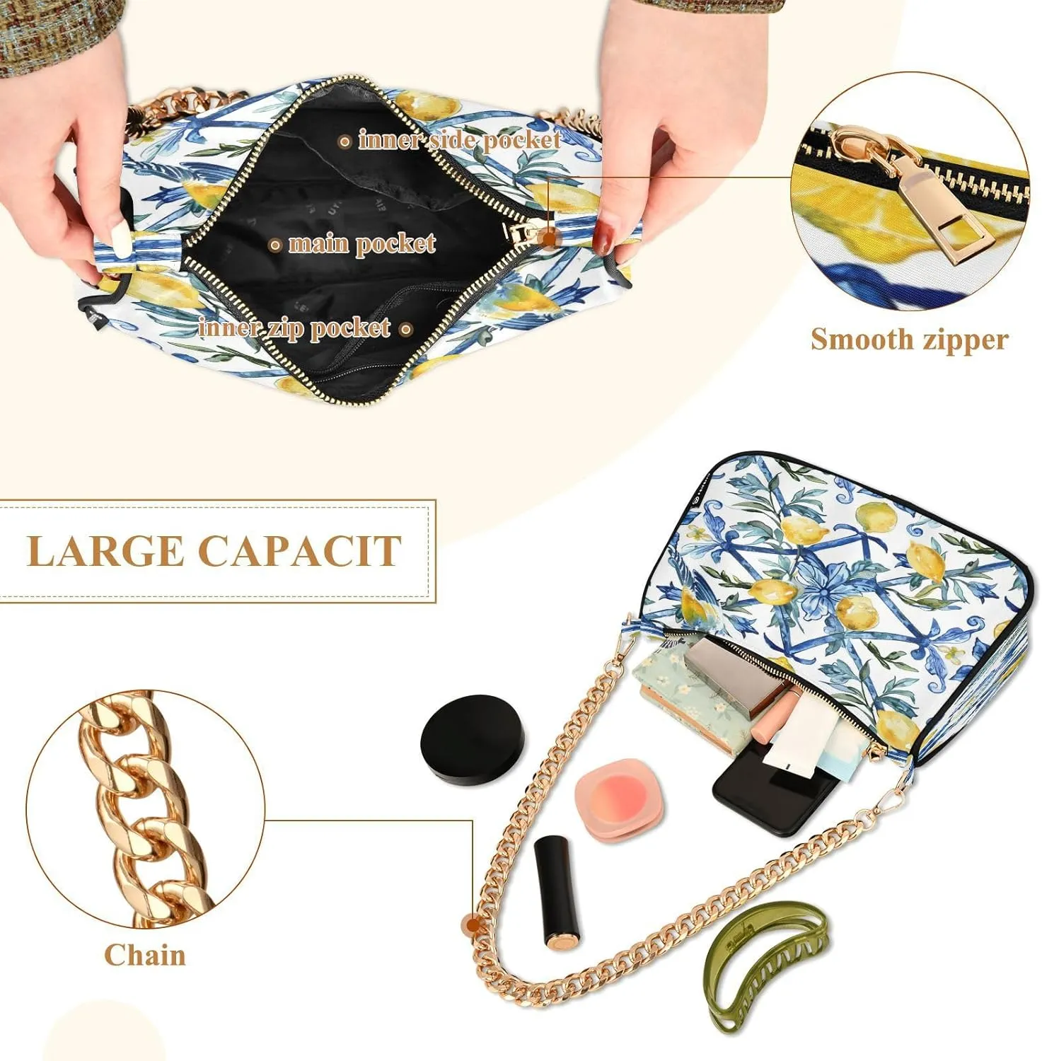 Shoulder Bags for Women Vintage Yellow Lemon Fruit and Blue Print Hobo Tote Handbag Small Clutch Purse with Zipper Closure