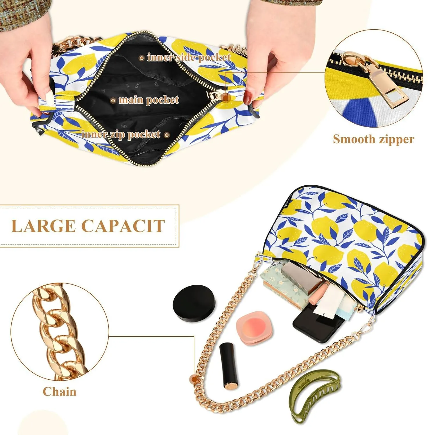 Shoulder Bags for Women Vintage Yellow Lemon Fruit and Blue Print Hobo Tote Handbag Small Clutch Purse with Zipper Closure