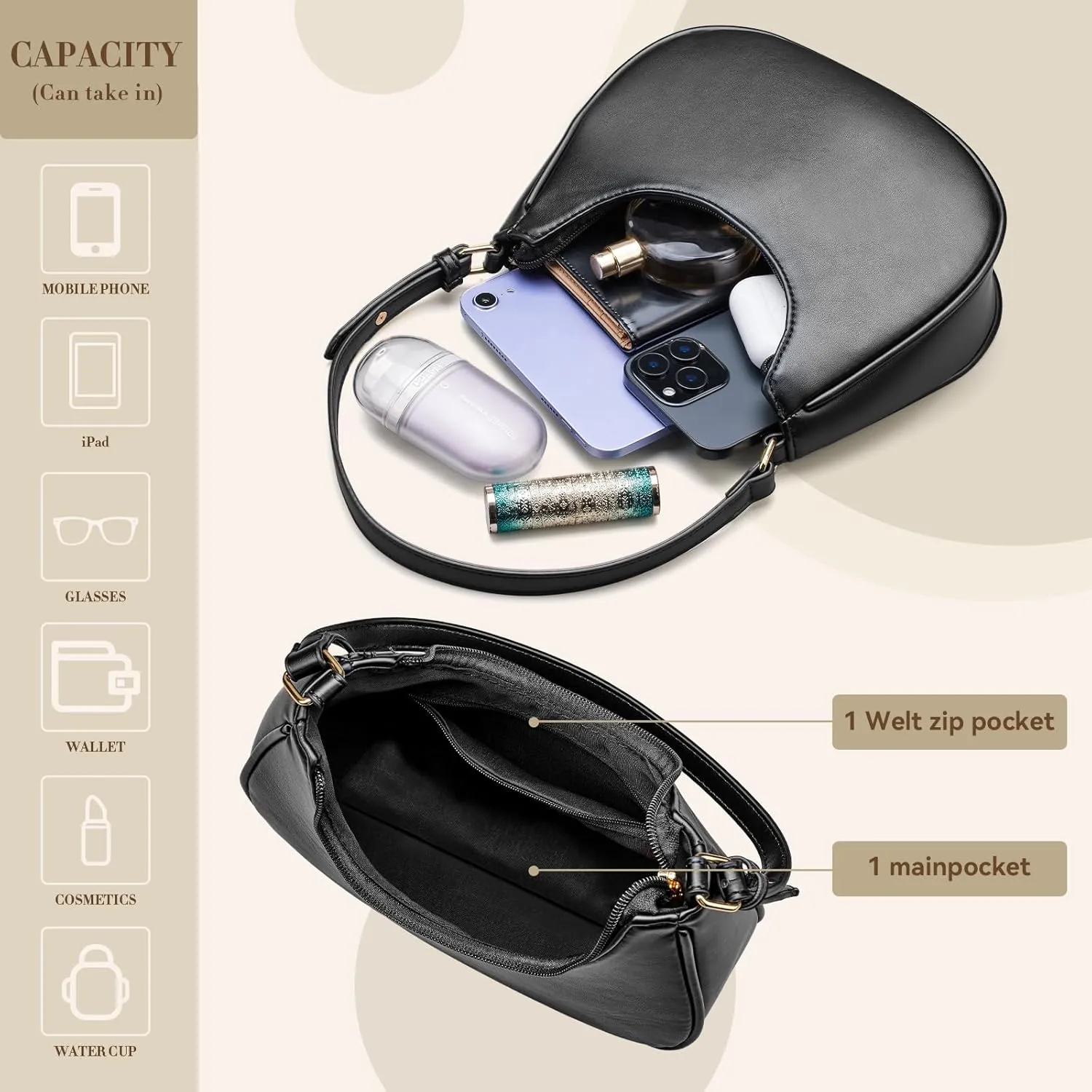 Shoulder Bags for Women,Classic Cute Hobo Tote Handbag Mini Clutch Purse with Zipper Closure