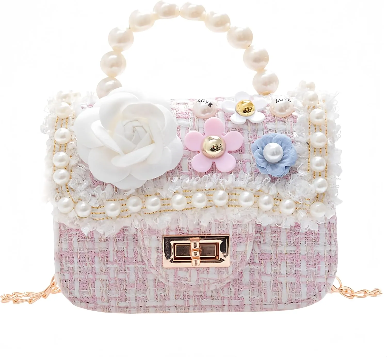 Shoulder Crossbody Bag, Mini Handbag Wallet with Pearl Flower Sunglass Set, Gifts for Little Girls(Pink)