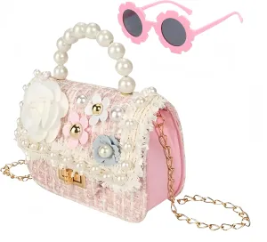 Shoulder Crossbody Bag, Mini Handbag Wallet with Pearl Flower Sunglass Set, Gifts for Little Girls(Pink)