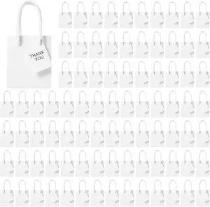 Silkfly 150 Pcs Mini Gift Bags Bulk, 4 x 2.75 x 4.5 Inch Extra Small Boxes with Handles, Miniature Paper Bags with Gift Tags for Birthday Party Favors Wedding(White)