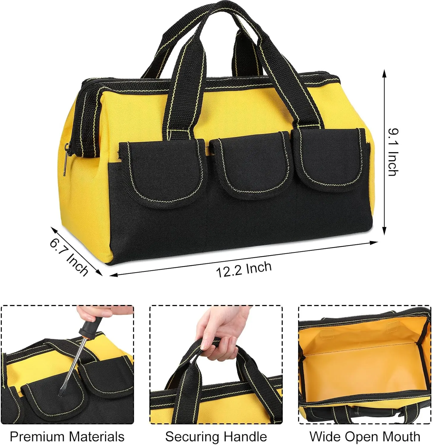 Silkfly 6 Pcs Tool Bag for Men Women Heavy Duty Tool Tote with Waterproof Hard Bottom Multi Pockets Large Mouth Organizer for Various Worker Electrician Carpenter Mechanic(13 Inch,Blue Red Yellow)