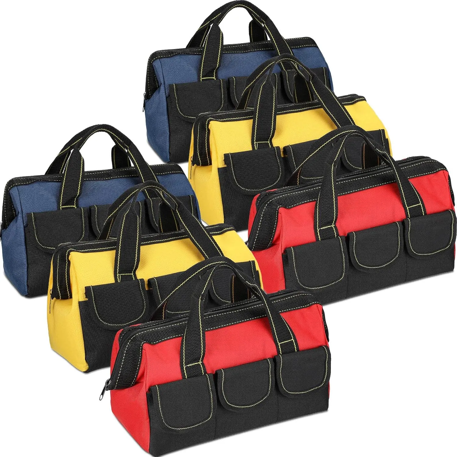 Silkfly 6 Pcs Tool Bag for Men Women Heavy Duty Tool Tote with Waterproof Hard Bottom Multi Pockets Large Mouth Organizer for Various Worker Electrician Carpenter Mechanic(13 Inch,Blue Red Yellow)