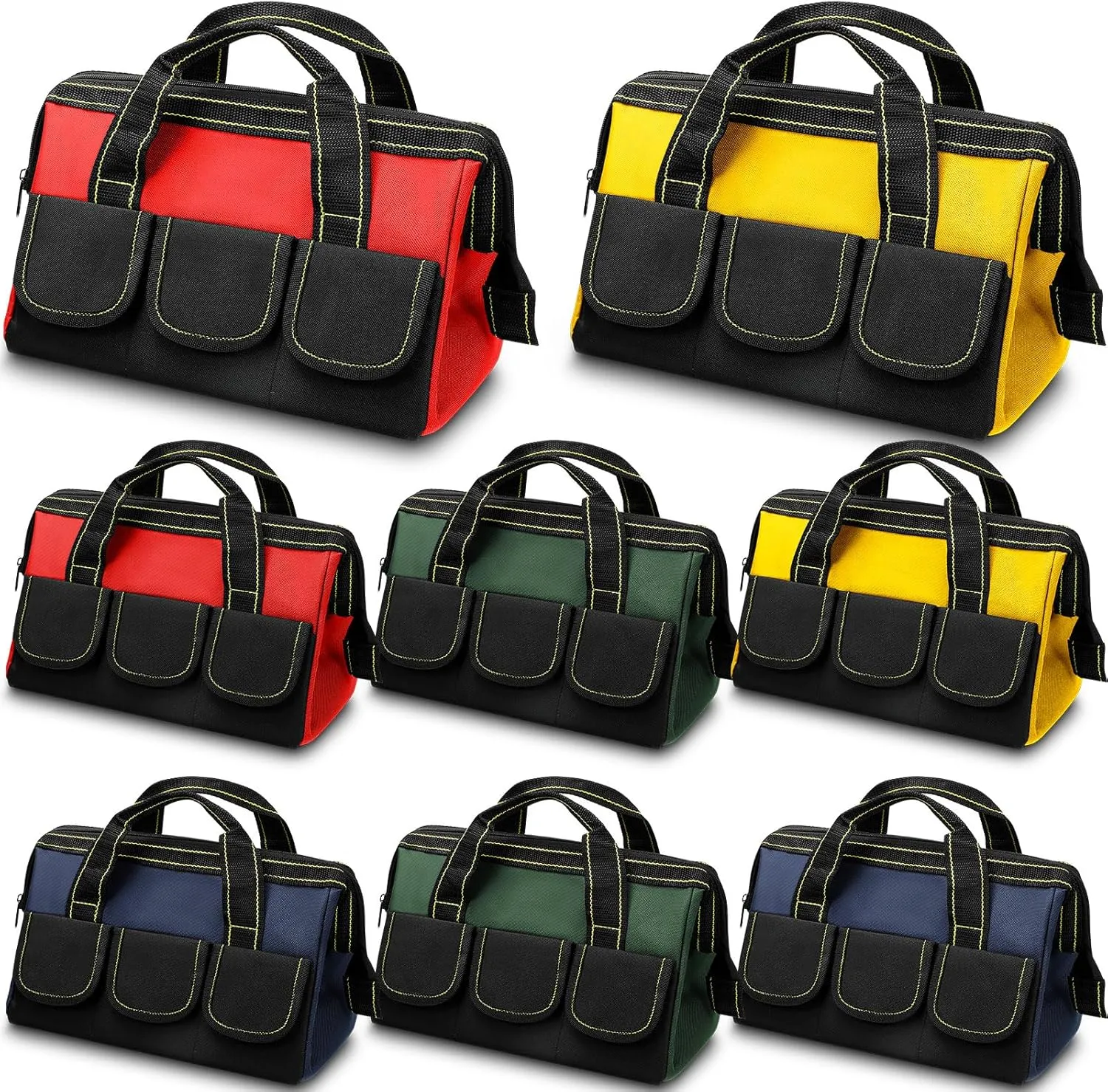 Silkfly 8 Pcs Tool Bags for Men Heavy Duty with Waterproof Hard Bottom Wide Mouth Large Tool Tote Bag Multi Pockets Organizer Tools Kit for Electrician Carpenter Mechanic Dad Gifts(16 Inch)