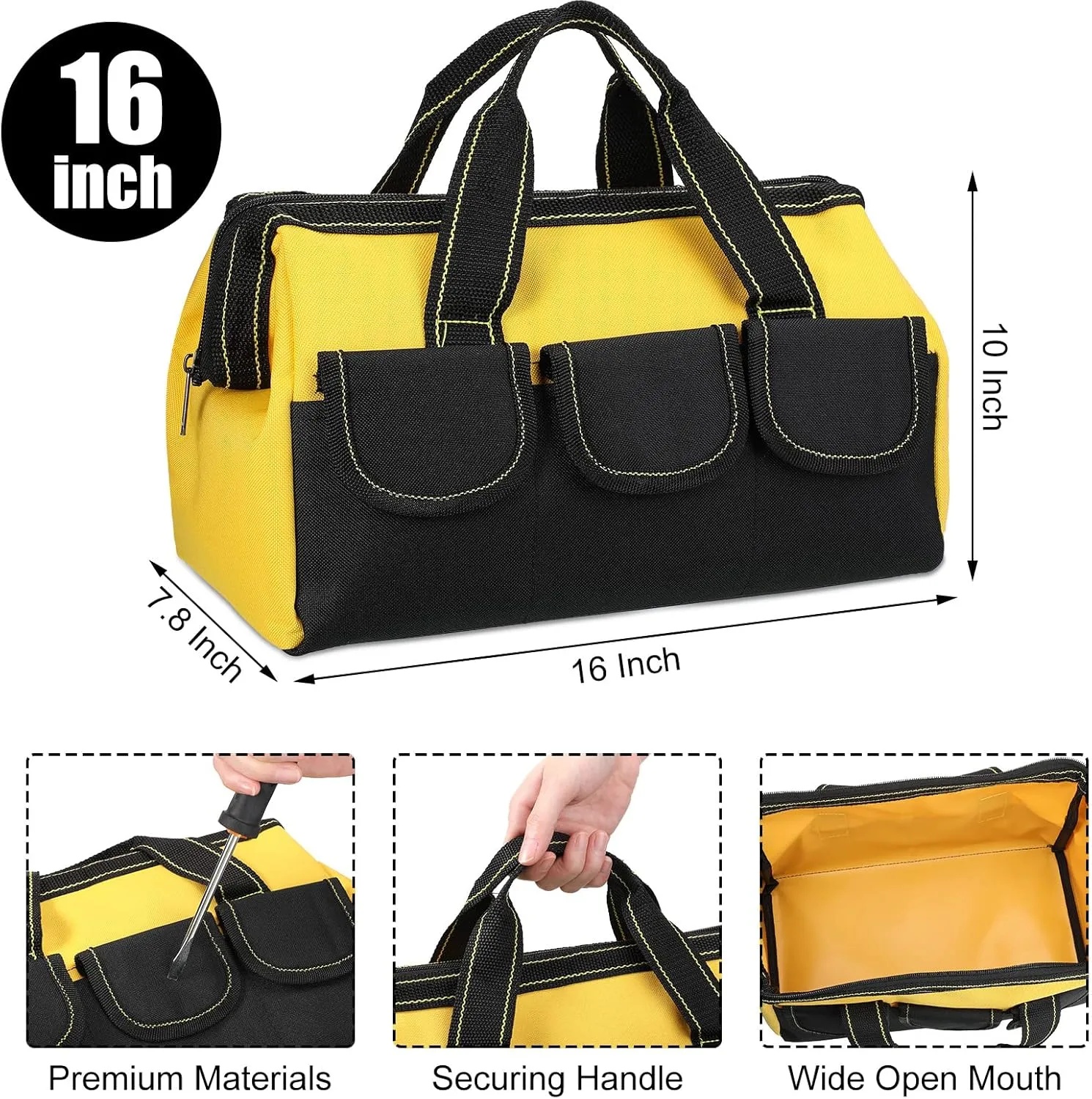Silkfly 8 Pcs Tool Bags for Men Heavy Duty with Waterproof Hard Bottom Wide Mouth Large Tool Tote Bag Multi Pockets Organizer Tools Kit for Electrician Carpenter Mechanic Dad Gifts(16 Inch)