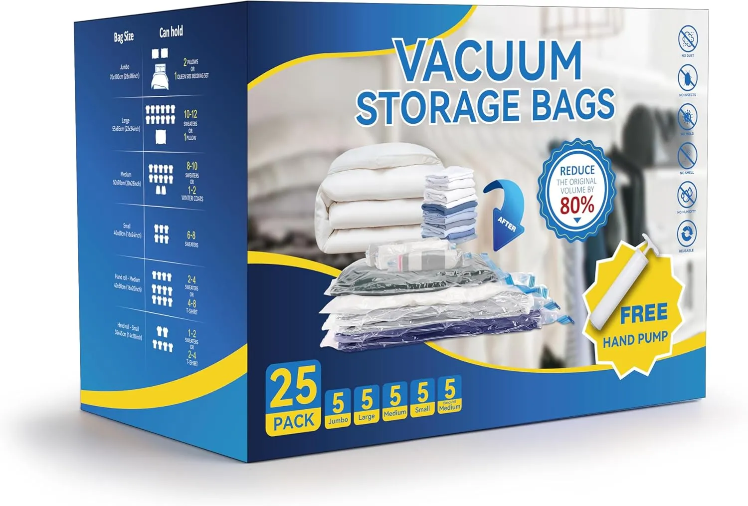 Simple Deluxe 25 Pack Space Saver Bags (5 Jumbo/5 Large/5 Medium/5 Small/5 Roll M) 80% Space Saver Bags with Travelling Pump for Quilts and Blankets Storage