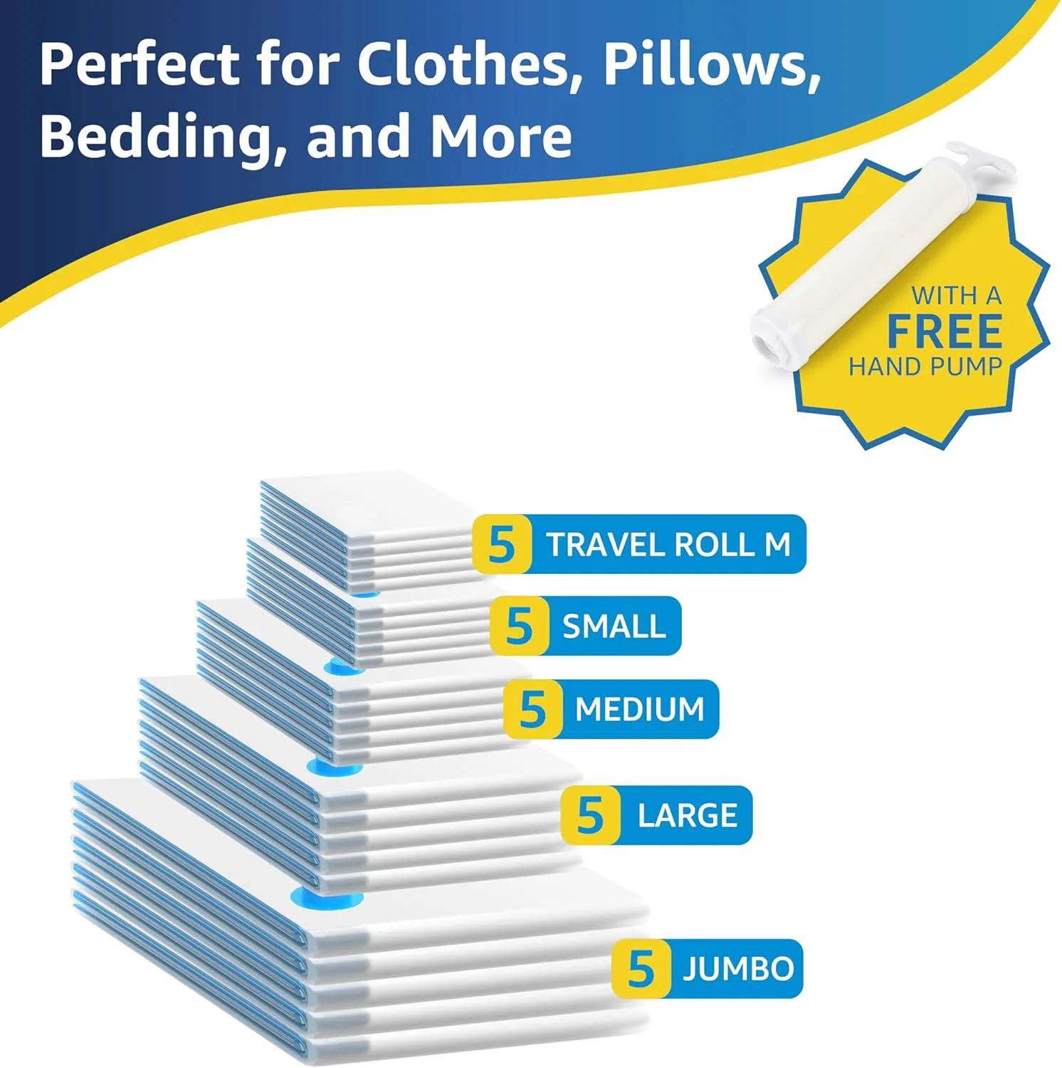 Simple Deluxe 25 Pack Space Saver Bags (5 Jumbo/5 Large/5 Medium/5 Small/5 Roll M) 80% Space Saver Bags with Travelling Pump for Quilts and Blankets Storage
