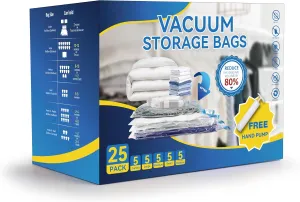 Simple Deluxe 25 Pack Space Saver Bags (5 Jumbo/5 Large/5 Medium/5 Small/5 Roll M) 80% Space Saver Bags with Travelling Pump for Quilts and Blankets Storage